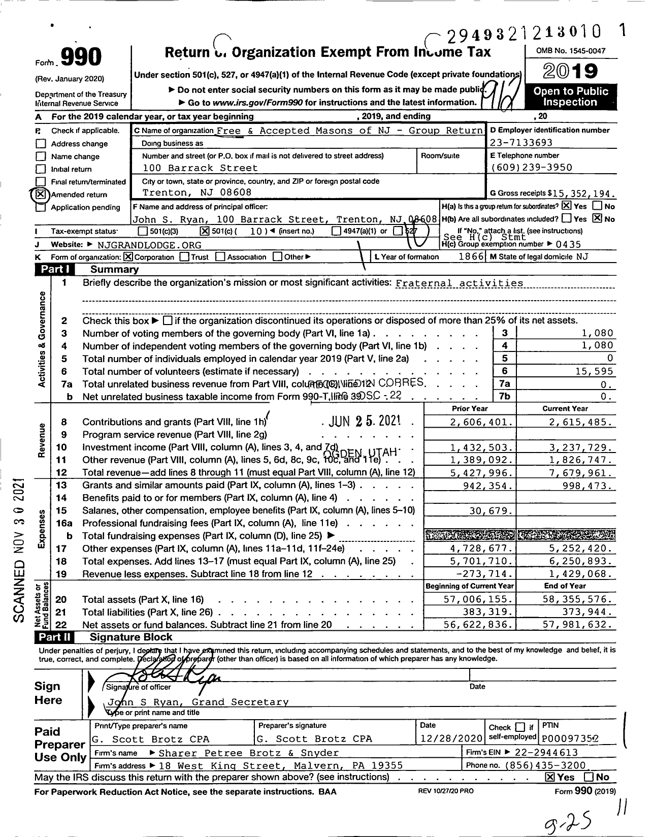 Image of first page of 2019 Form 990O for Free & Accepted Masons of New Jersey - Group Return