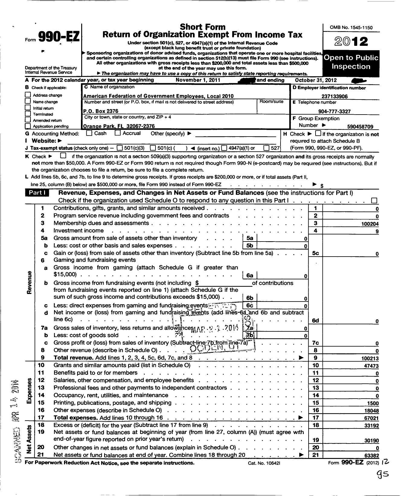 Image of first page of 2011 Form 990EO for American Federation of Government Employees - 2010 Afge-Dod Local