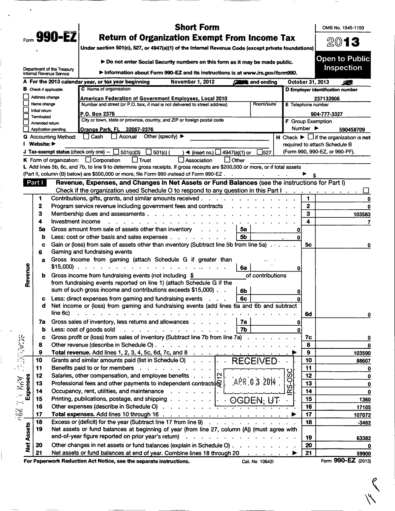 Image of first page of 2012 Form 990EO for American Federation of Government Employees - 2010 Afge-Dod Local