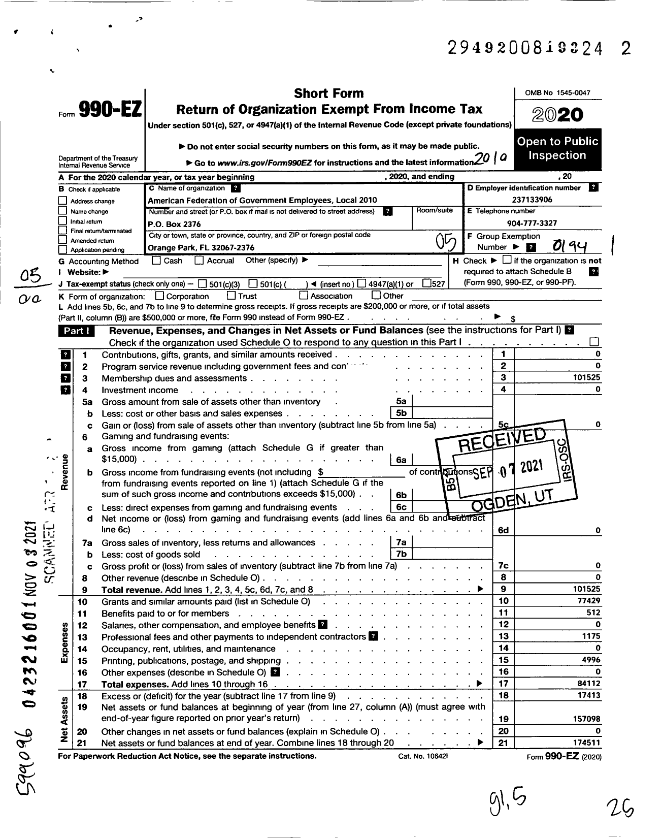 Image of first page of 2019 Form 990EO for American Federation of Government Employees - 2010 Afge-Dod Local