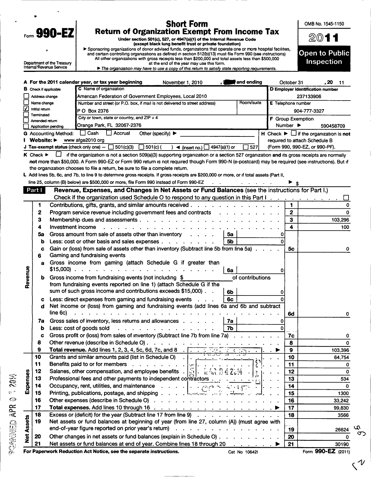 Image of first page of 2010 Form 990EO for American Federation of Government Employees - 2010 Afge-Dod Local