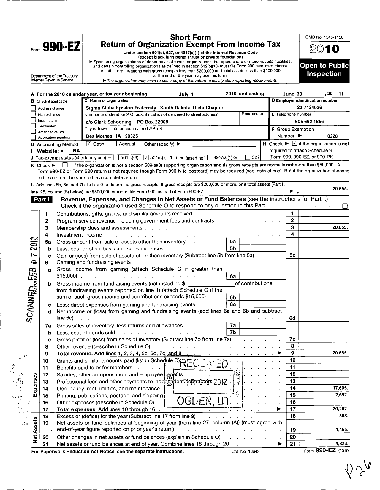 Image of first page of 2010 Form 990EO for Sigma Alpha Epsilon Fraternity - South Dakota Theta Chapter