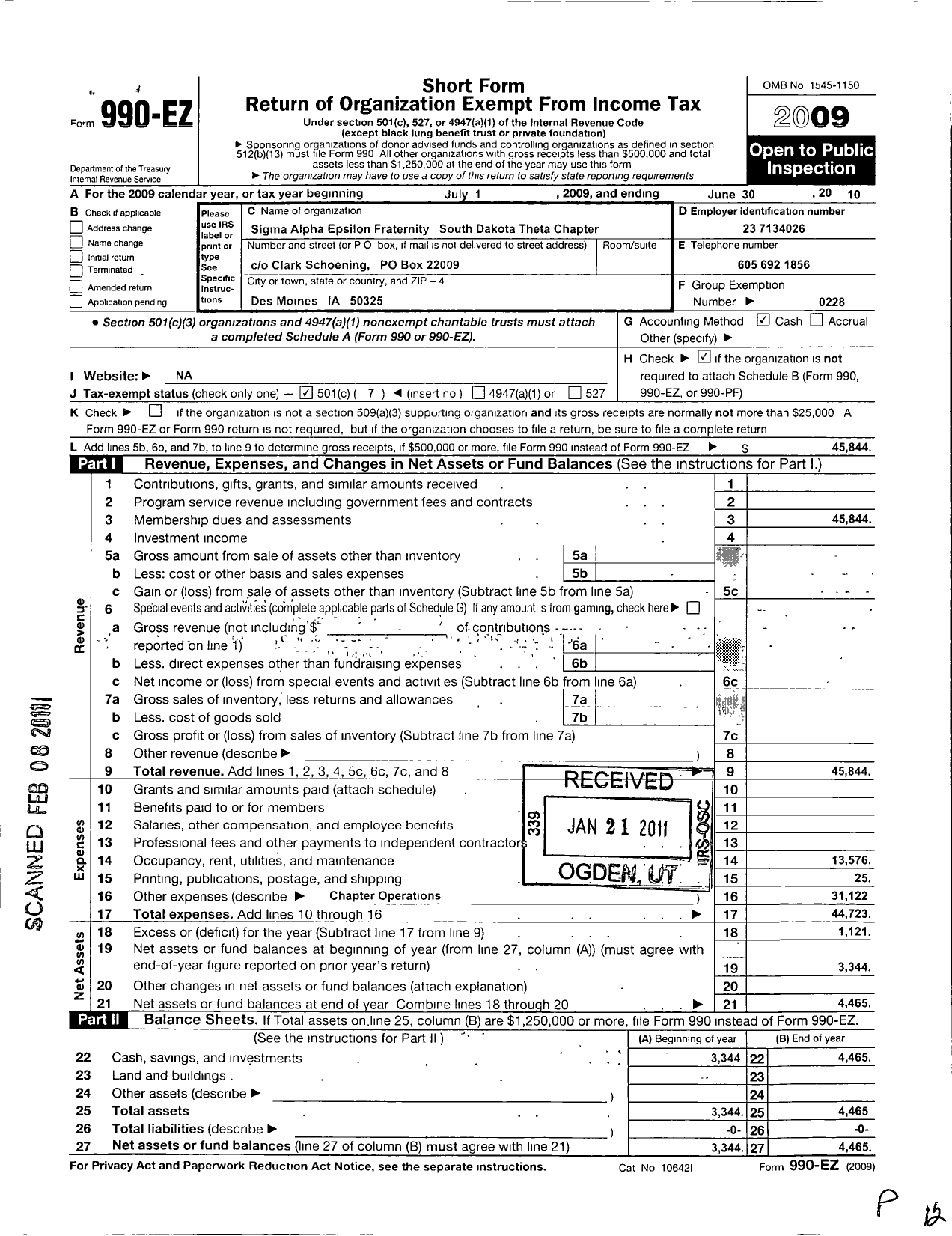 Image of first page of 2009 Form 990EO for Sigma Alpha Epsilon Fraternity - South Dakota Theta Chapter