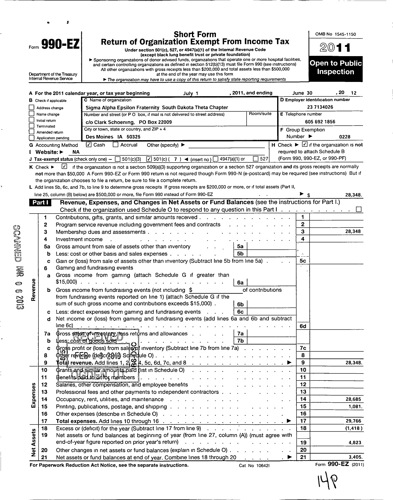 Image of first page of 2011 Form 990EO for Sigma Alpha Epsilon Fraternity - South Dakota Theta Chapter