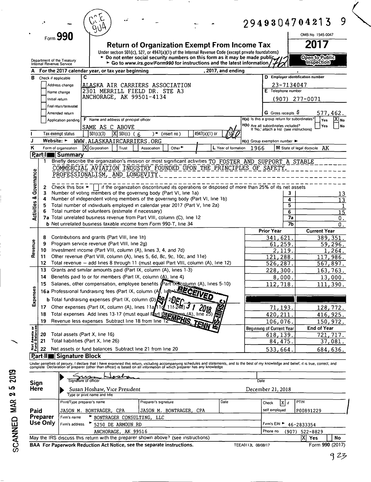 Image of first page of 2017 Form 990O for Alaska Air Carriers Association