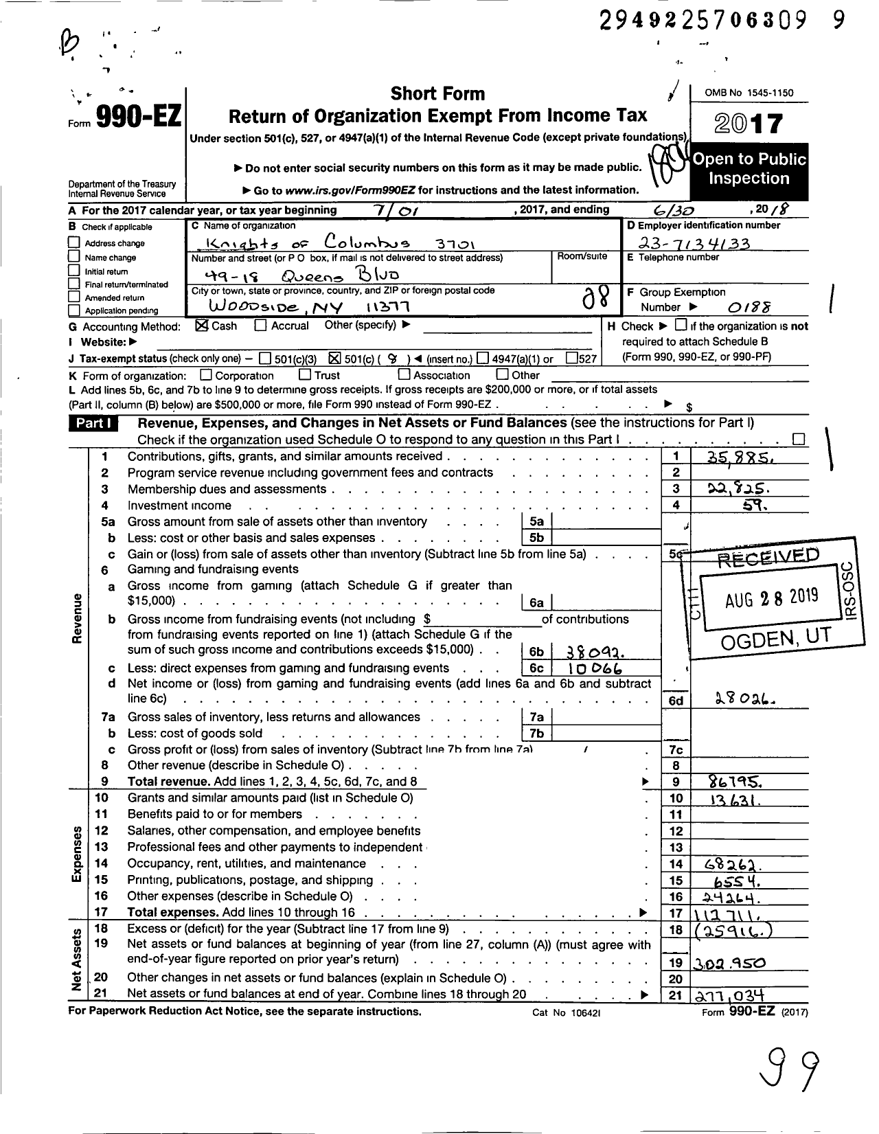 Image of first page of 2017 Form 990EO for Knights of Columbus - 3701 George W Hudson Council