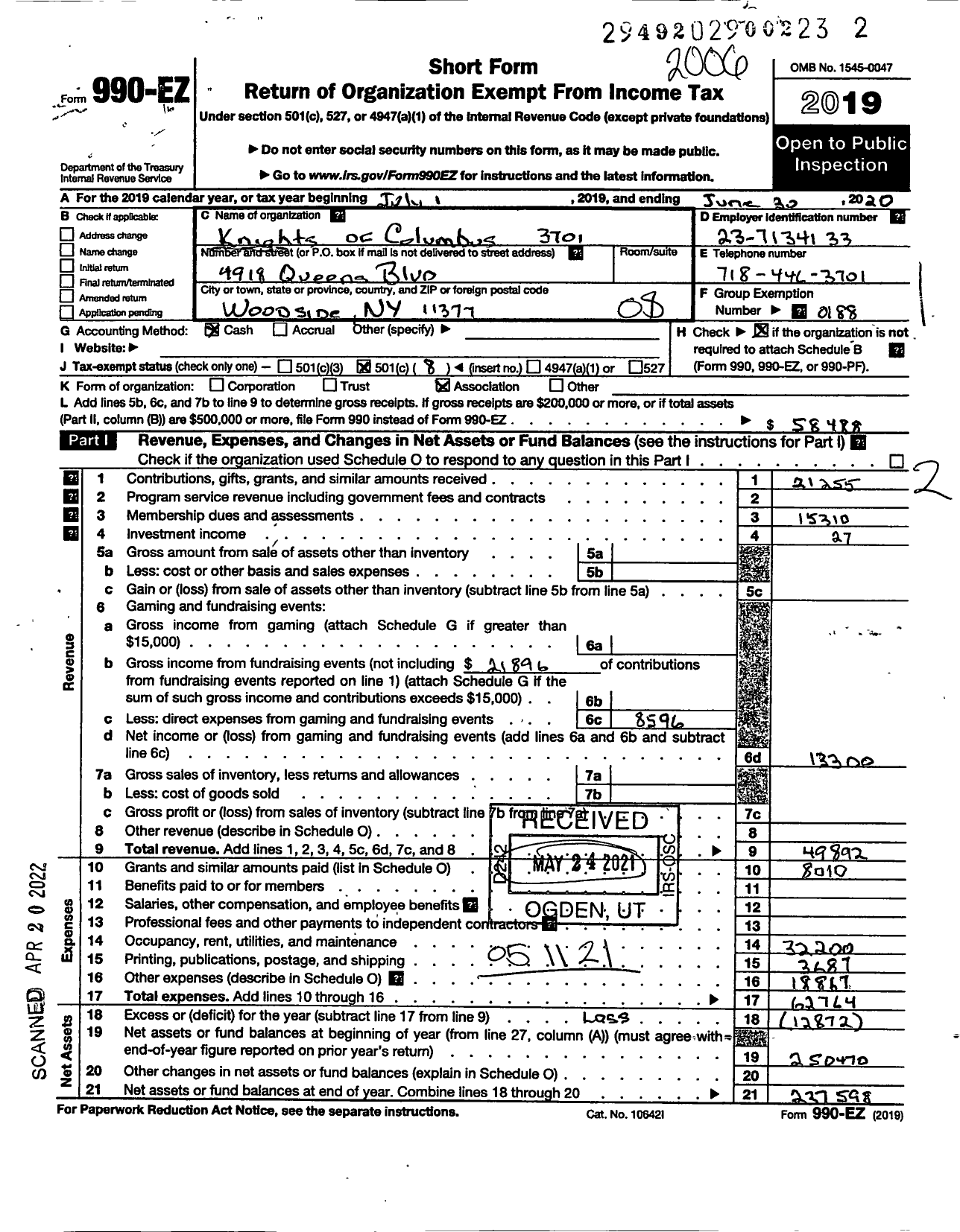 Image of first page of 2019 Form 990EO for Knights of Columbus - 3701 George W Hudson Council