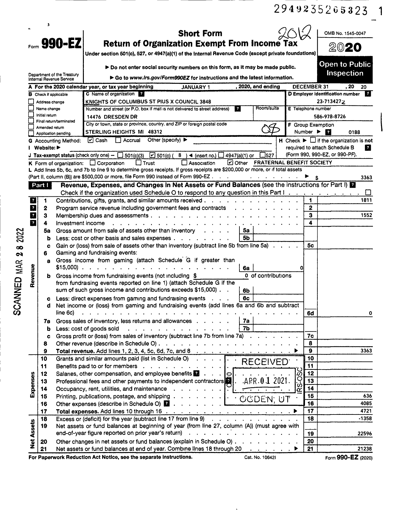 Image of first page of 2020 Form 990EO for Knights of Columbus St Pius X Council 3848