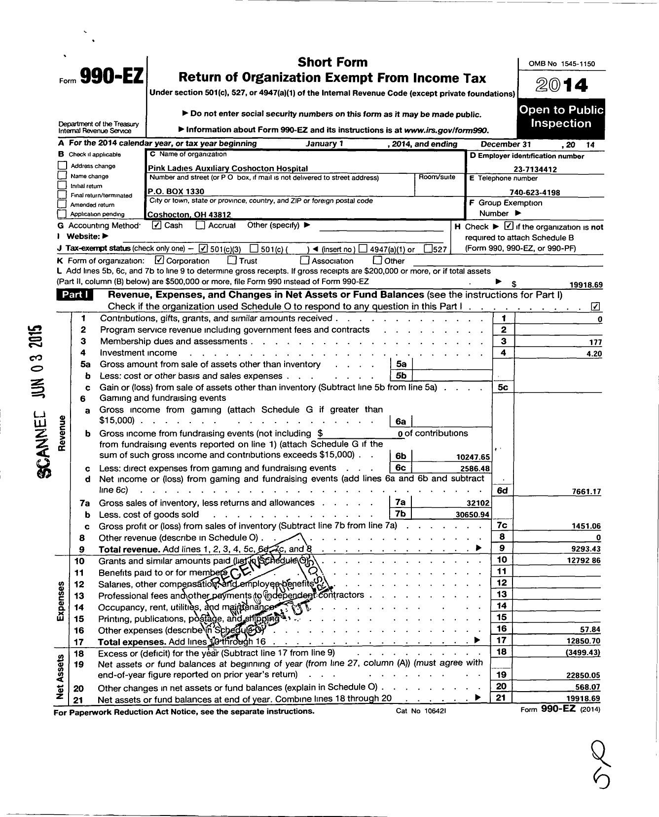 Image of first page of 2014 Form 990EZ for Pink Ladies Auxiliary Coshocton Memorial Hospital