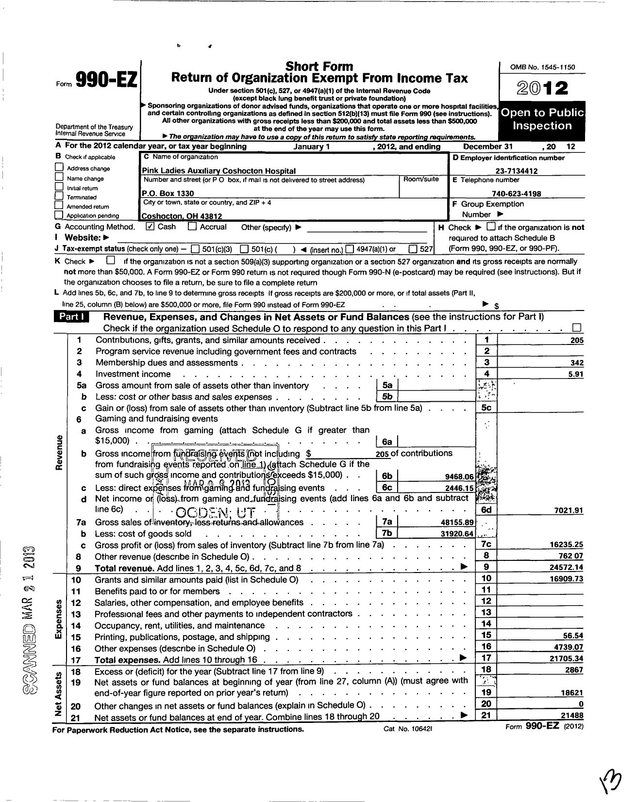 Image of first page of 2012 Form 990EO for Pink Ladies Auxiliary Coshocton Memorial Hospital