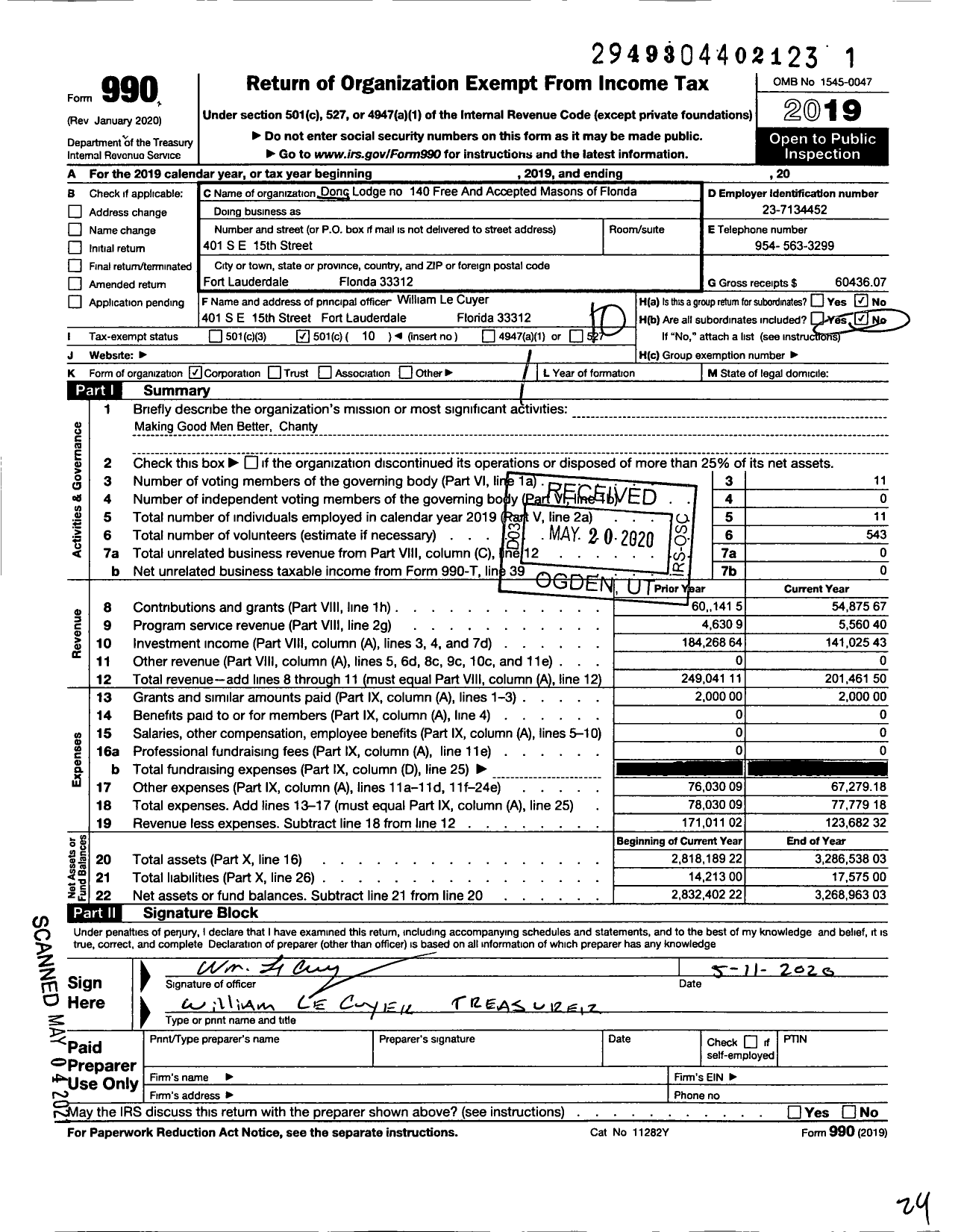 Image of first page of 2019 Form 990O for Free and Accepted Masons of Florida - 140 Doric Lodge