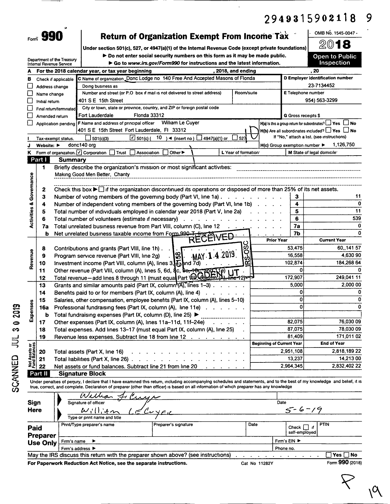 Image of first page of 2018 Form 990O for Free and Accepted Masons of Florida - 140 Doric Lodge