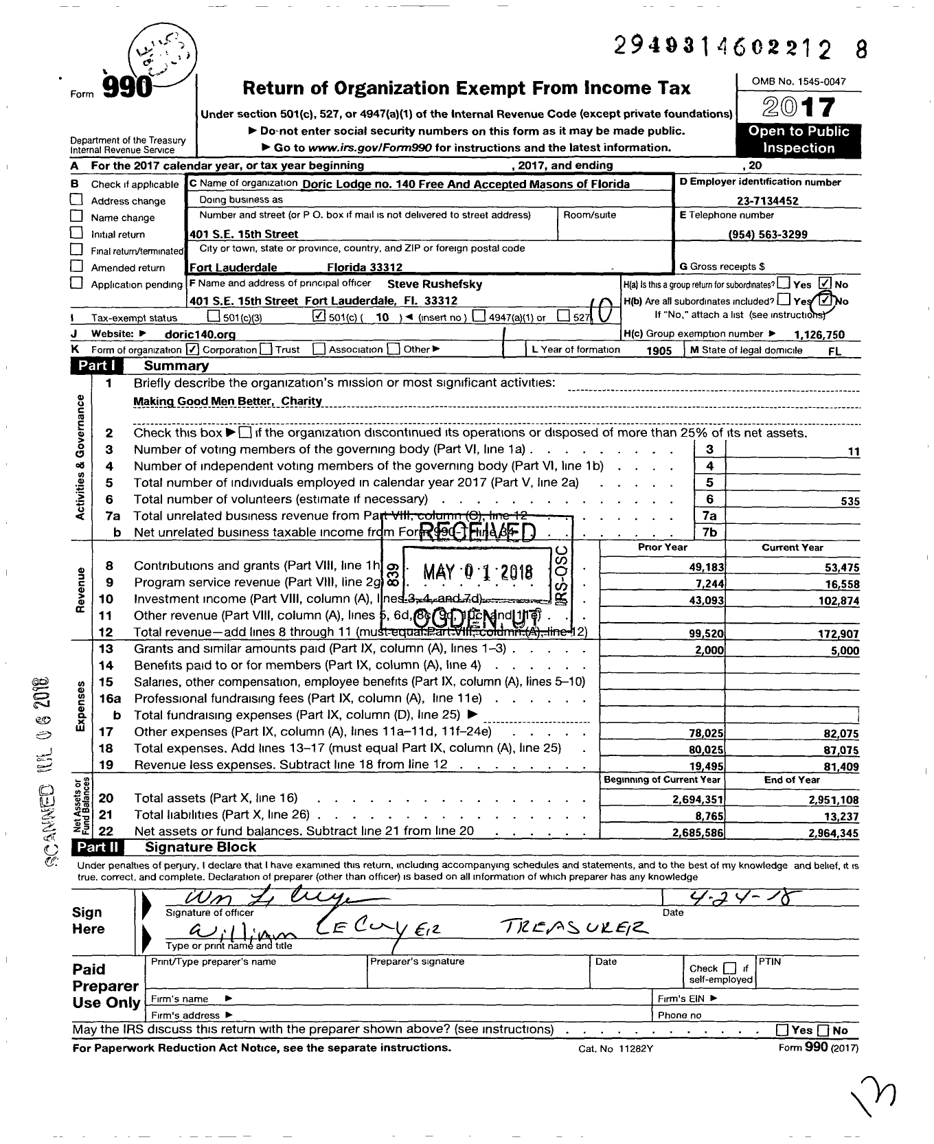 Image of first page of 2017 Form 990O for Free and Accepted Masons of Florida - 140 Doric Lodge