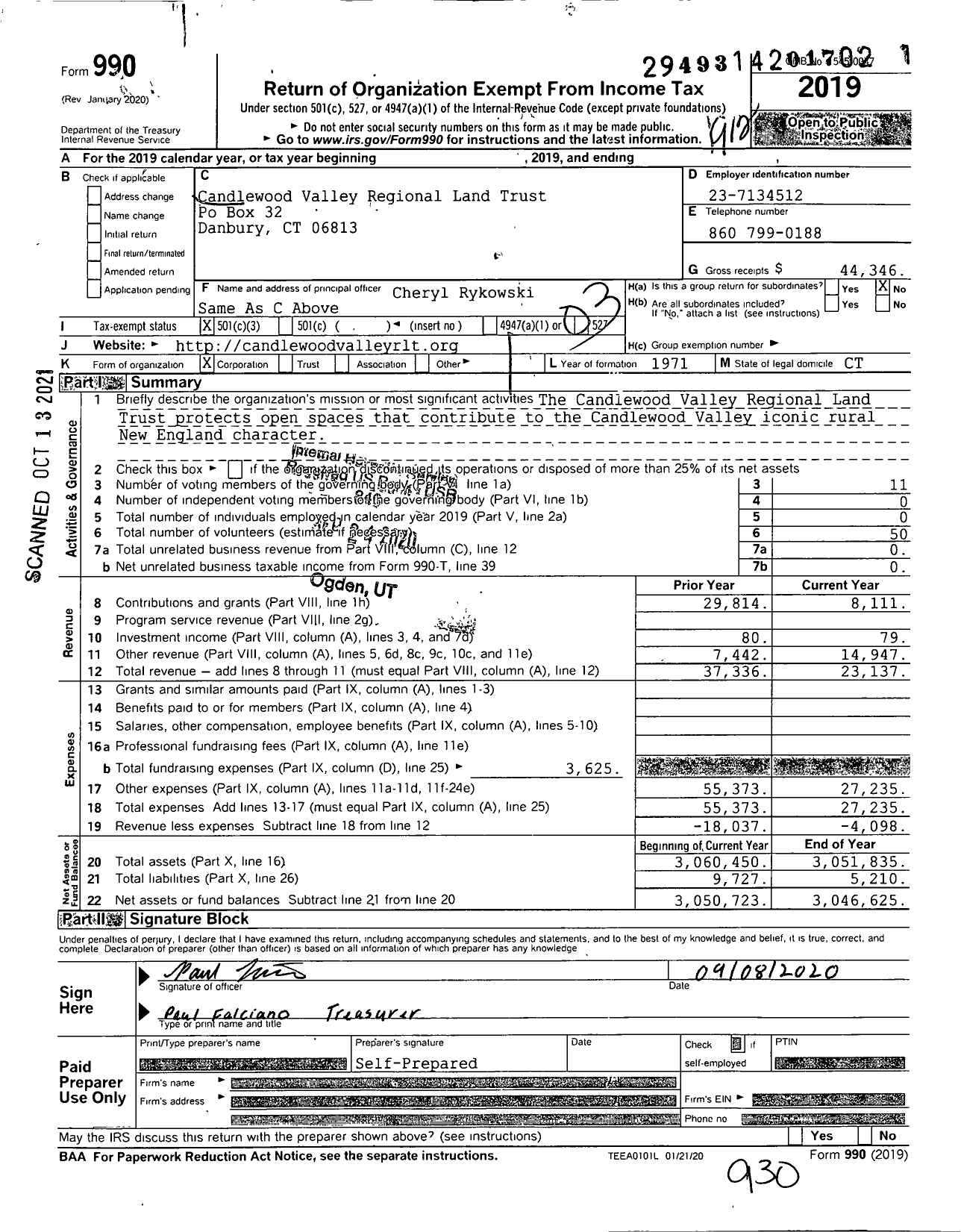 Image of first page of 2019 Form 990 for Candlewood Valley Regional Land Trust