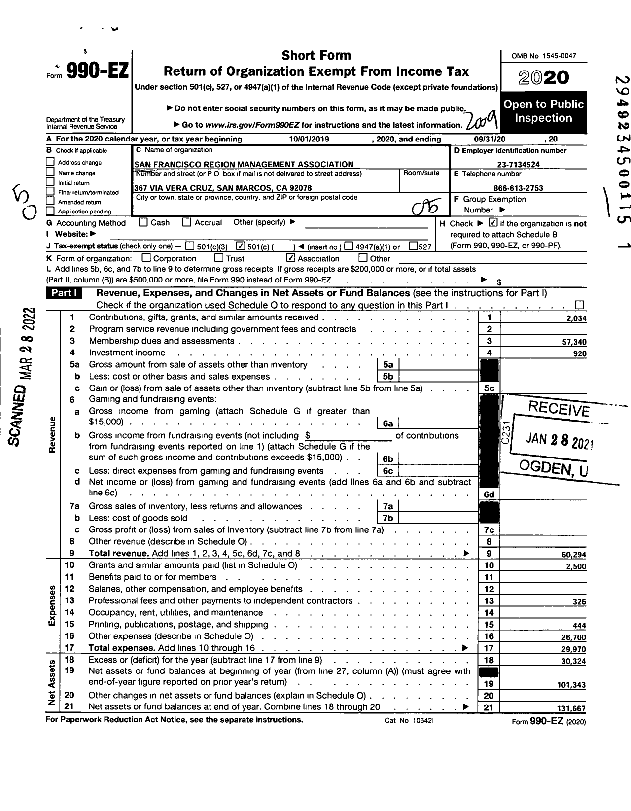 Image of first page of 2019 Form 990EO for San Francisco Region Social Security Management Association