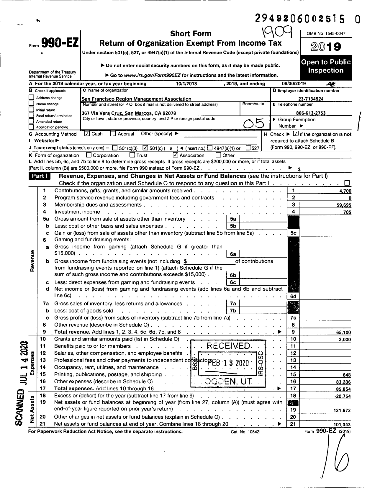 Image of first page of 2018 Form 990EO for San Francisco Region Social Security Management Association