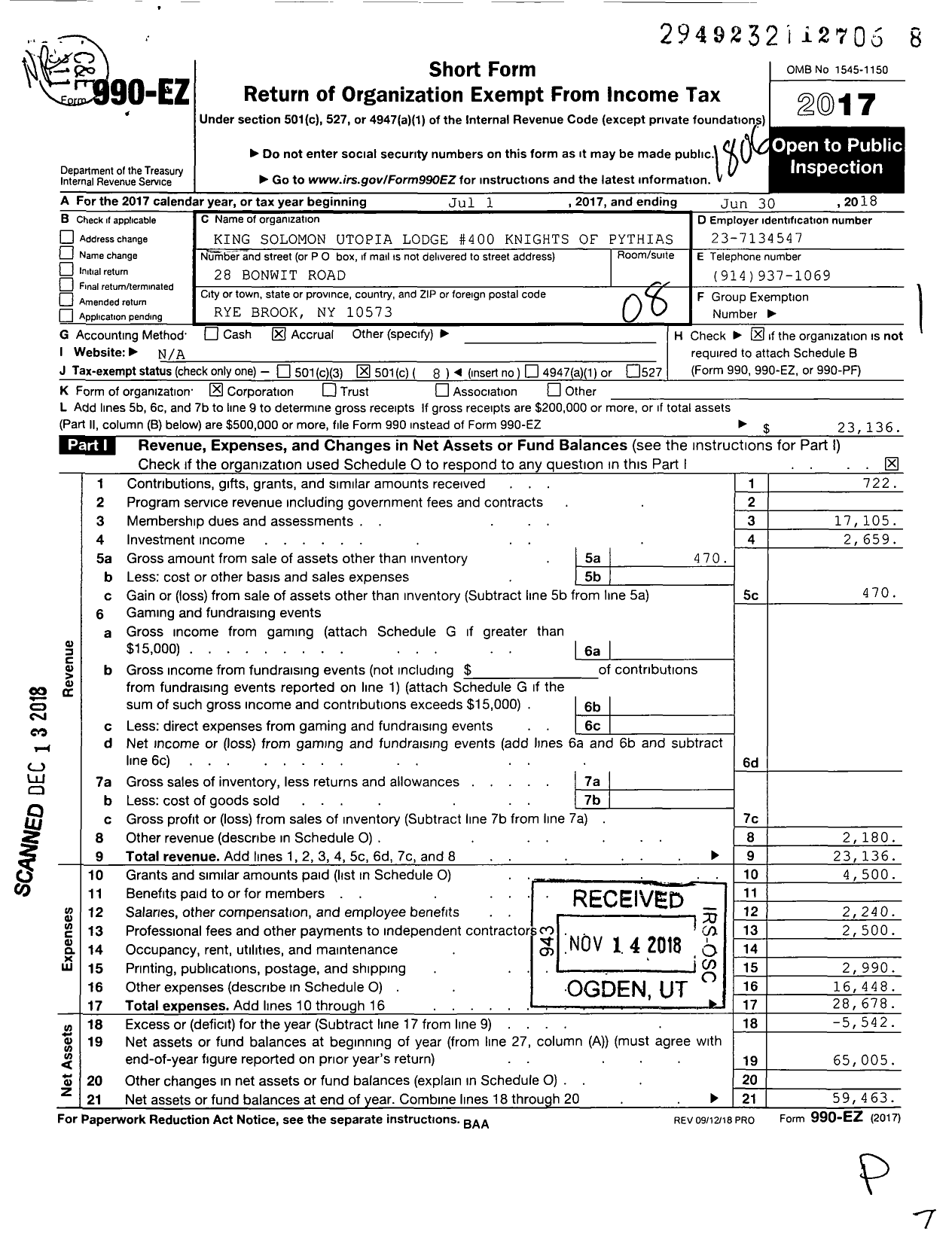 Image of first page of 2017 Form 990EO for Knights of Pythias New York - 400 King Solomon Utopia