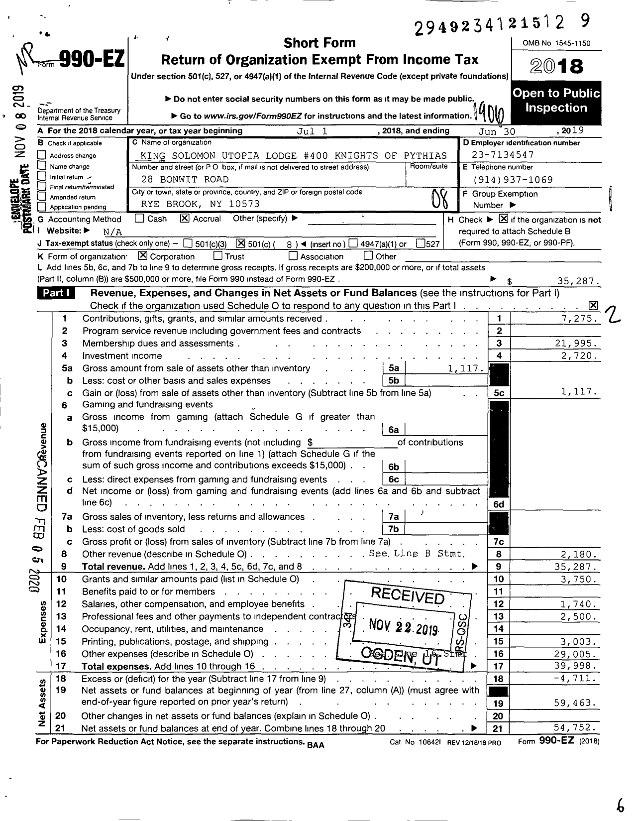 Image of first page of 2018 Form 990EO for Knights of Pythias New York - 400 King Solomon Utopia