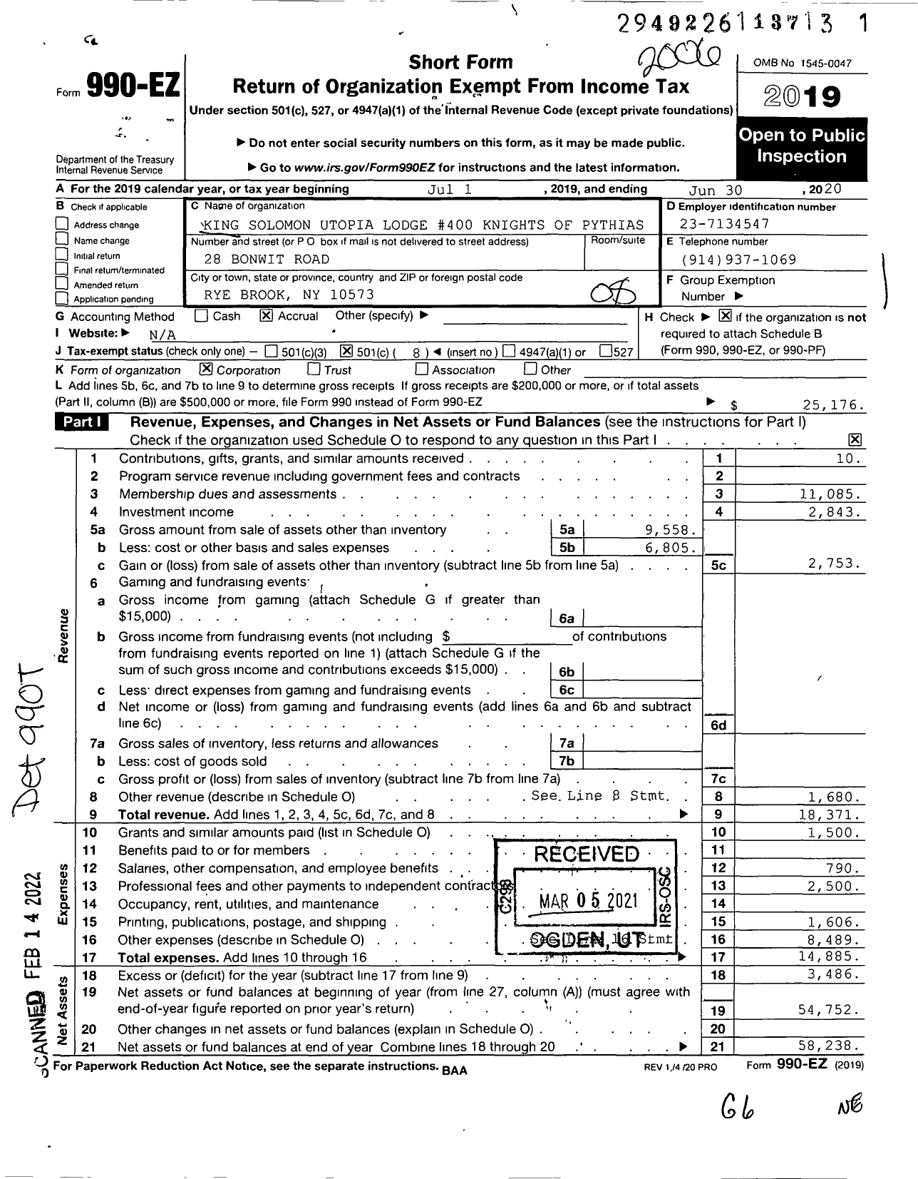 Image of first page of 2019 Form 990EO for Knights of Pythias New York - 400 King Solomon Utopia