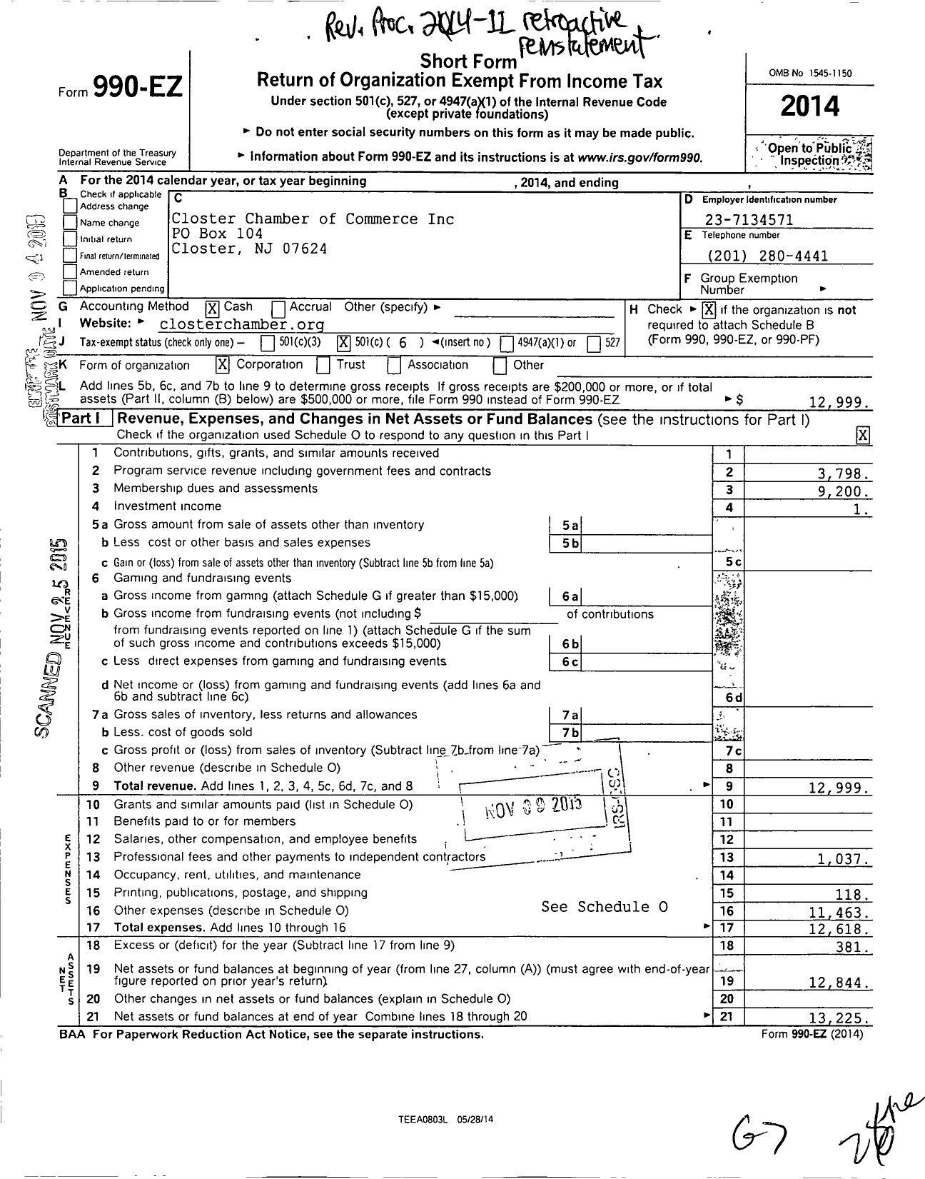 Image of first page of 2014 Form 990EO for Closter Chamber of Commerce