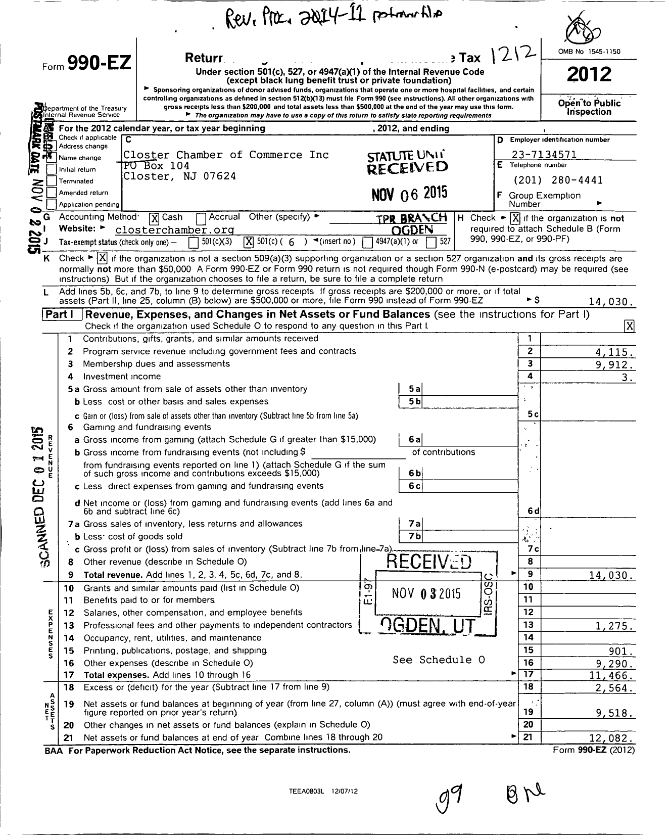 Image of first page of 2012 Form 990EO for Closter Chamber of Commerce