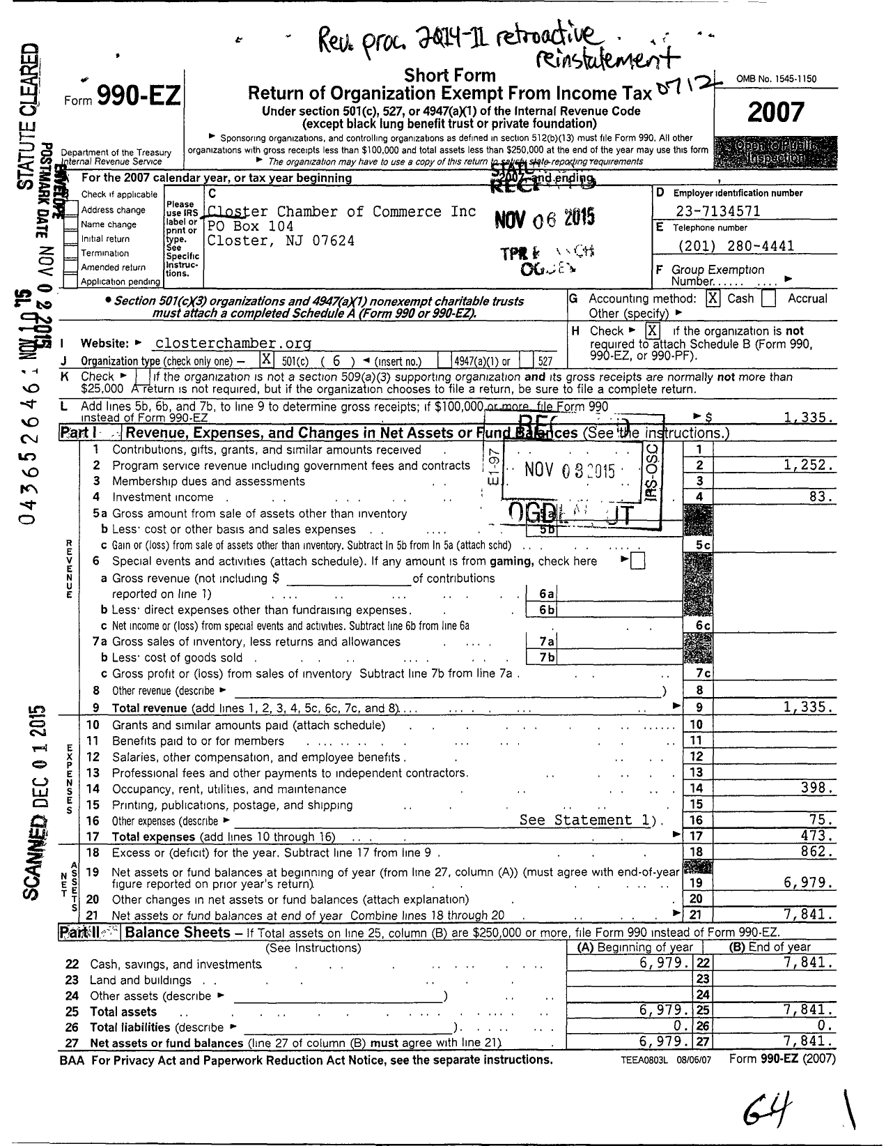 Image of first page of 2007 Form 990EO for Closter Chamber of Commerce