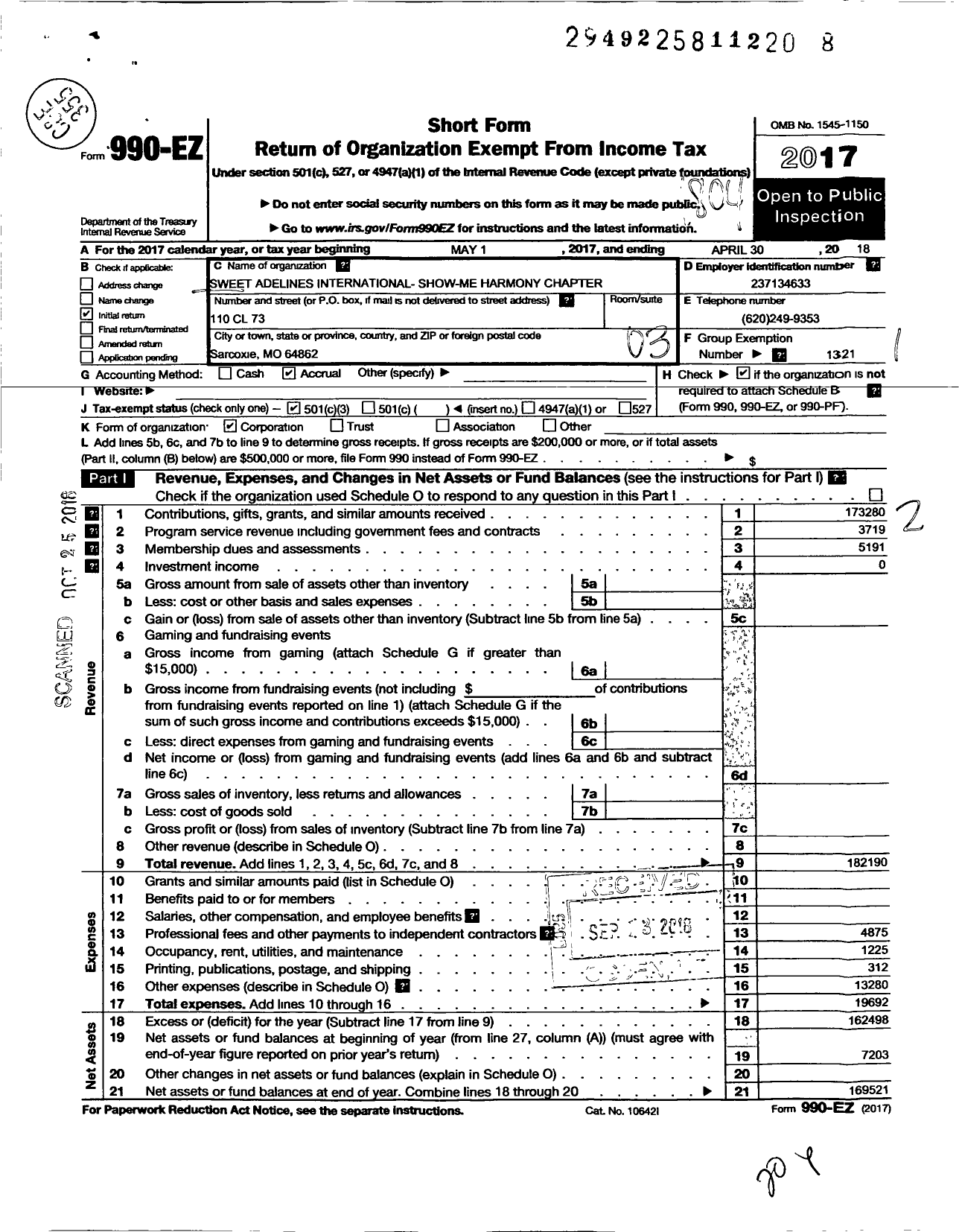 Image of first page of 2017 Form 990EZ for Sweet Adelines International - Show Me Harmony