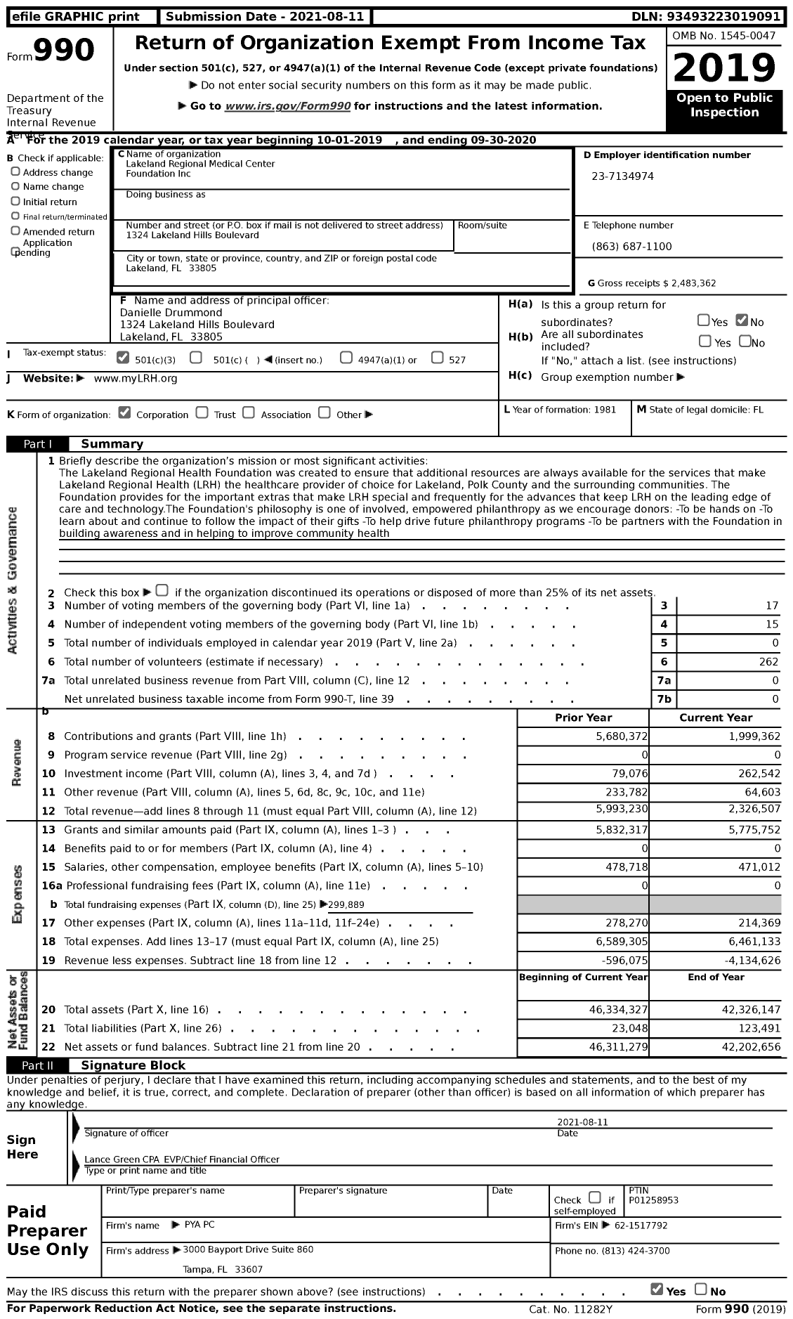 Image of first page of 2019 Form 990 for Lakeland Regional Medical Center Foundation