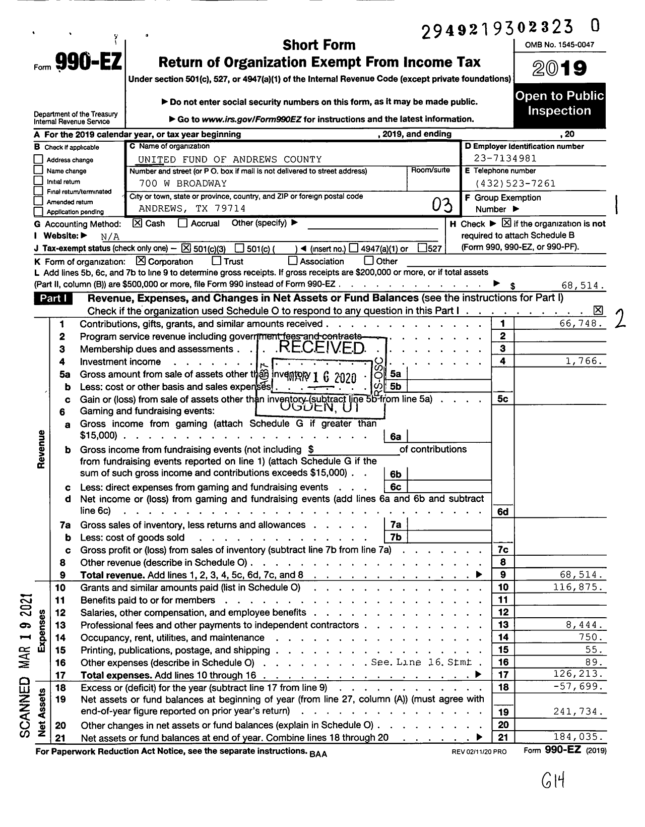 Image of first page of 2019 Form 990EZ for United Fund of Andrews County