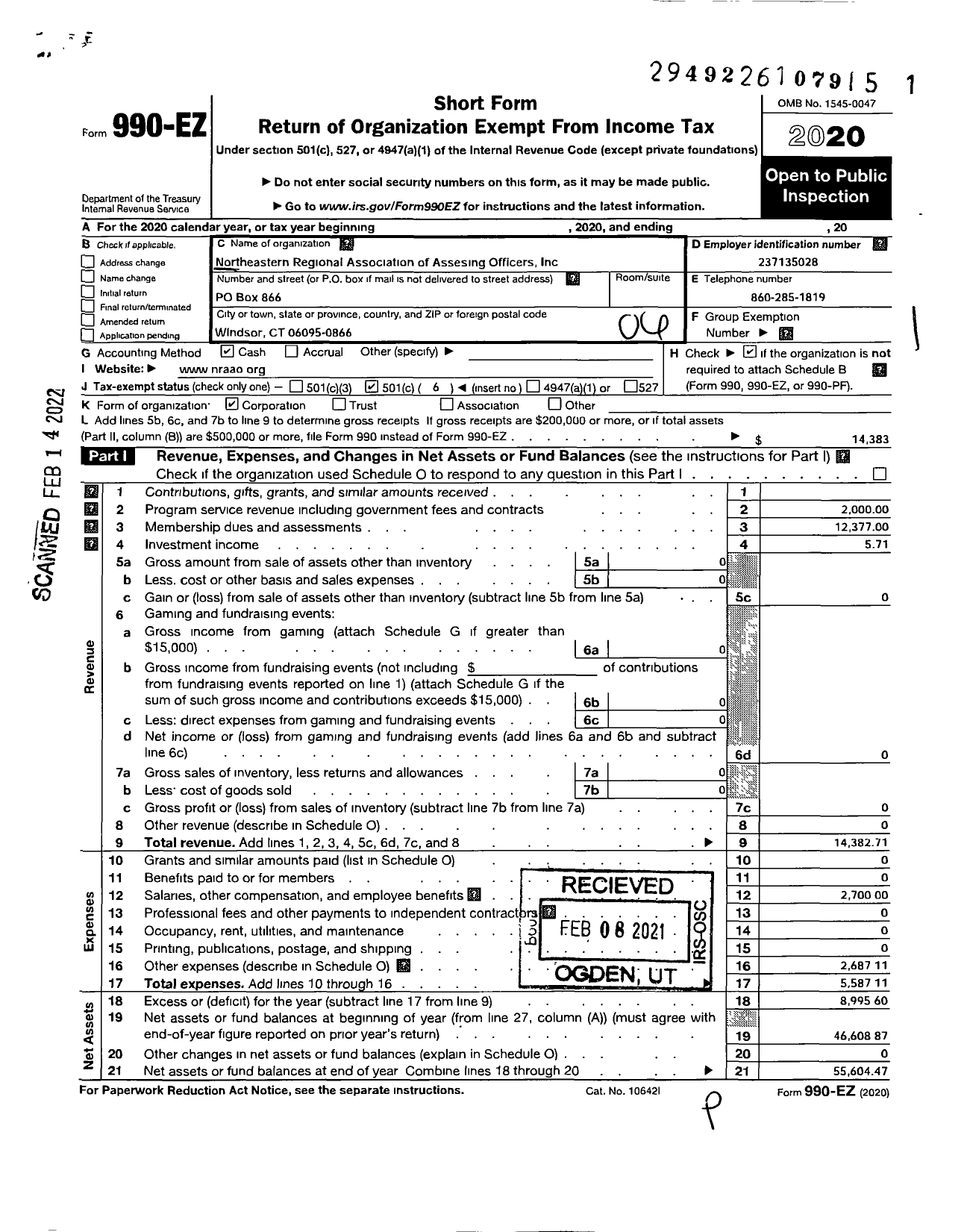 Image of first page of 2020 Form 990EO for Northeastern Regional Association of Assessing Officers