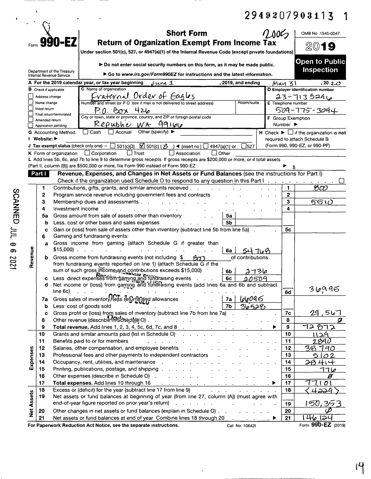 Image of first page of 2019 Form 990EO for Fraternal Order of Eagles - 68 Aerie