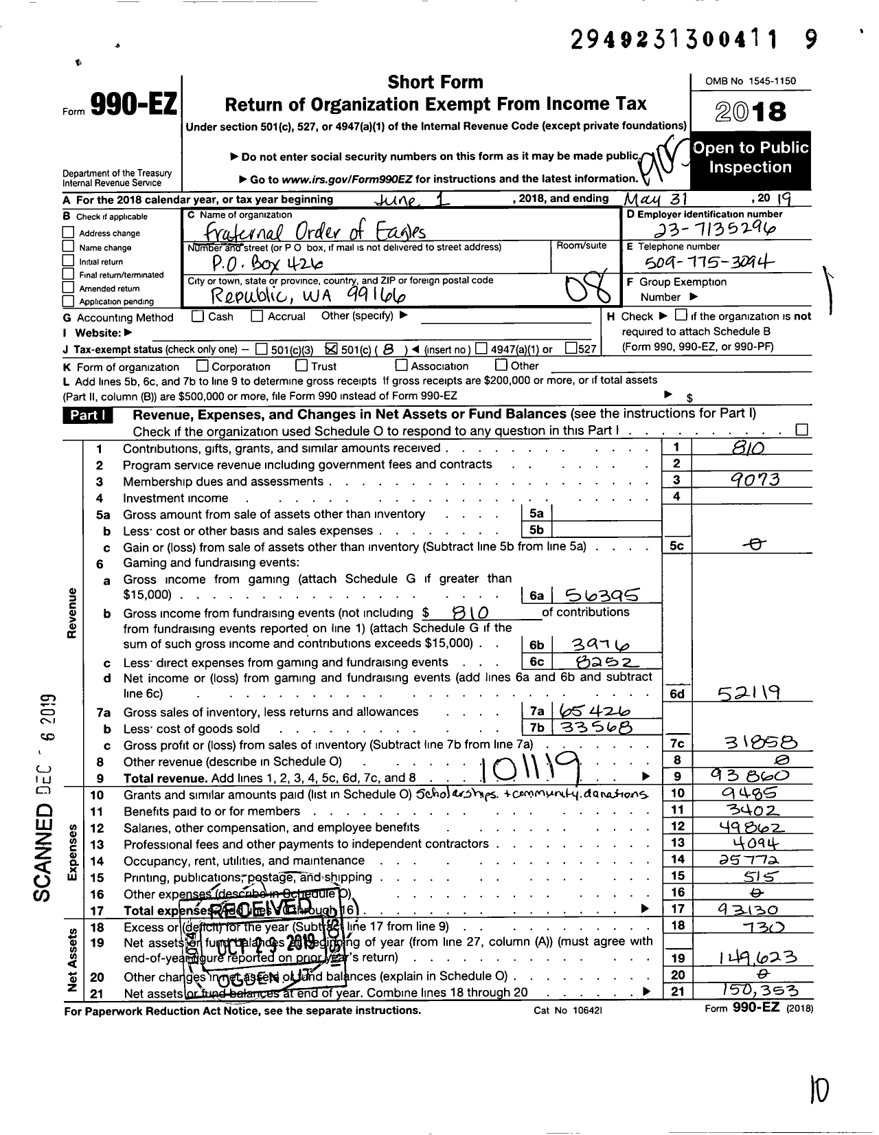 Image of first page of 2018 Form 990EO for Fraternal Order of Eagles - 68 Aerie