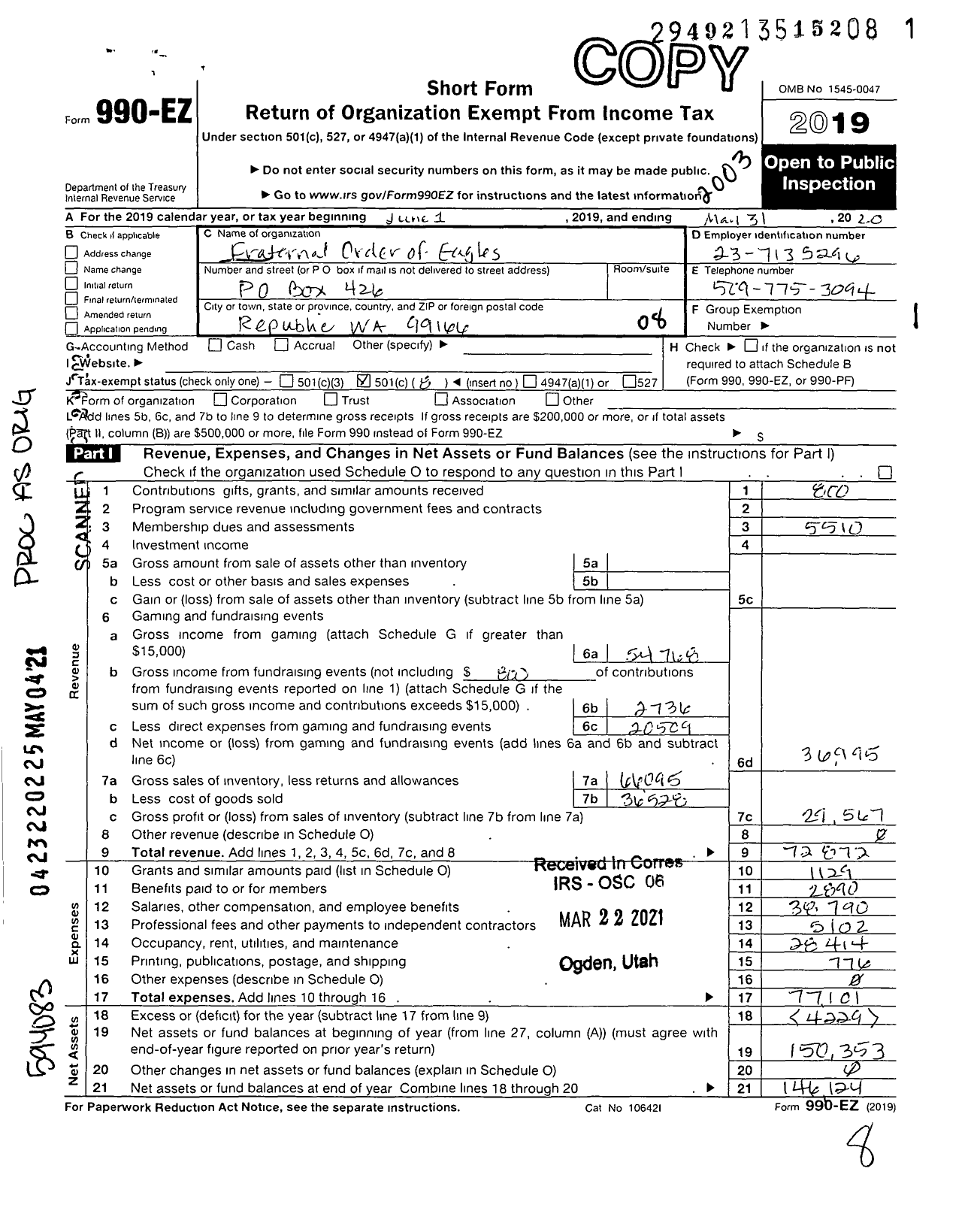 Image of first page of 2019 Form 990EO for Fraternal Order of Eagles - 68 Aerie