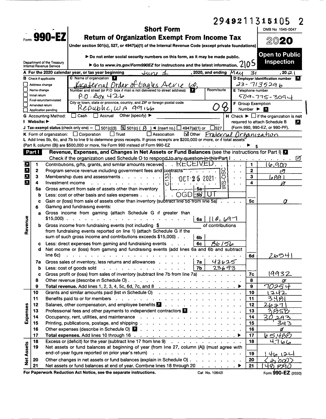 Image of first page of 2020 Form 990EO for Fraternal Order of Eagles - 68 Aerie