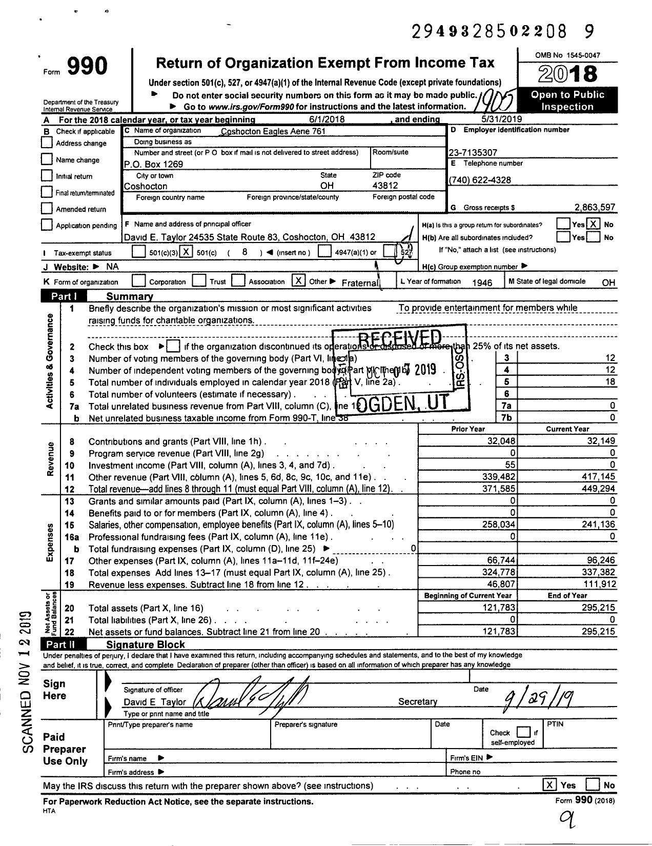 Image of first page of 2018 Form 990O for Fraternal Order of Eagles Aerie 761