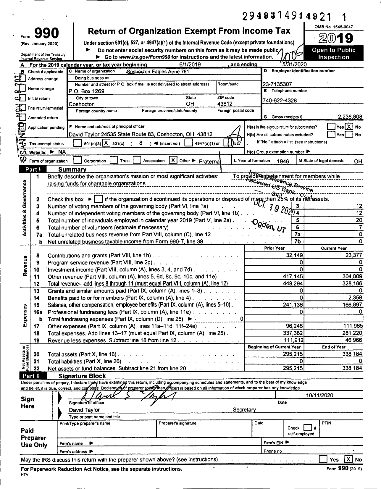 Image of first page of 2019 Form 990O for Fraternal Order of Eagles - Foe 761