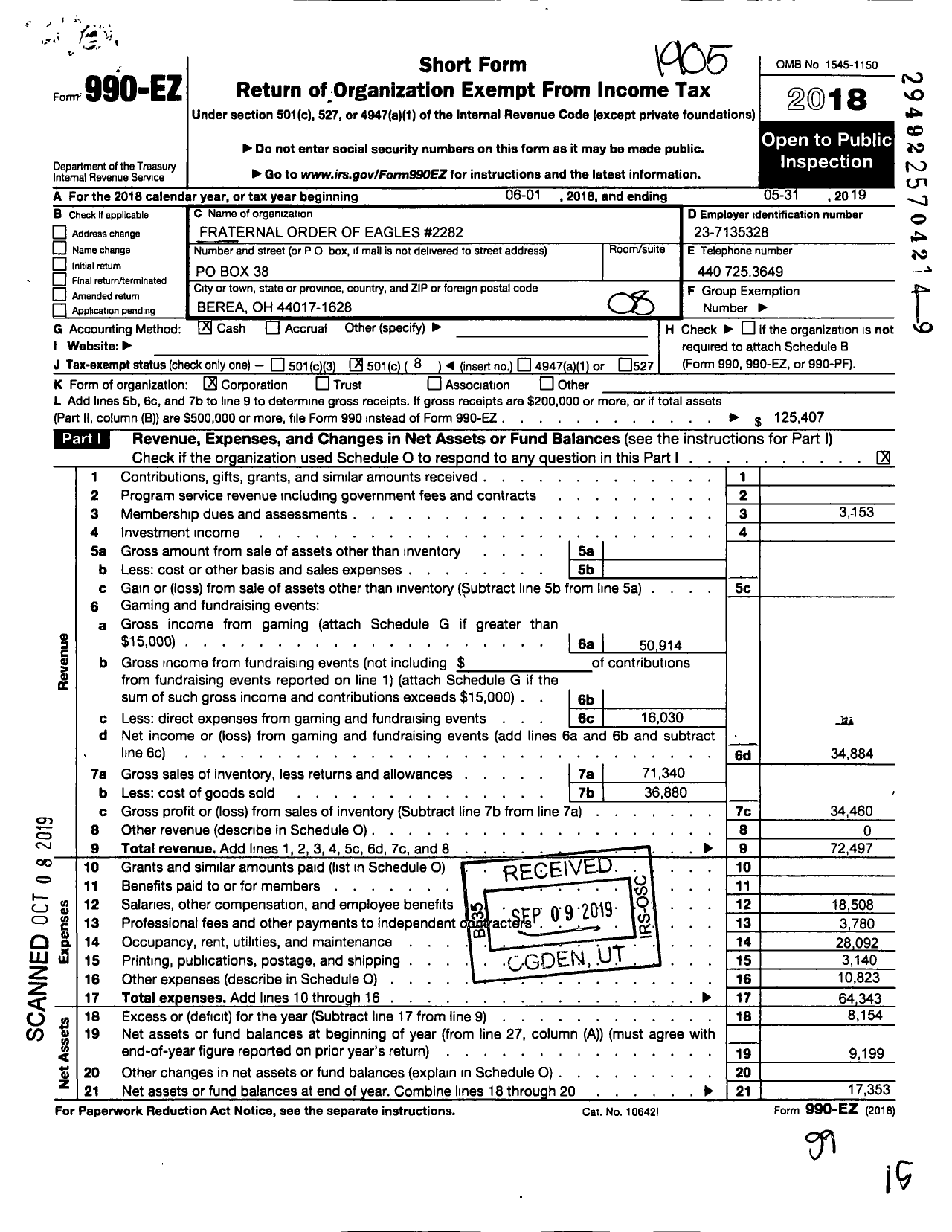 Image of first page of 2018 Form 990EO for Fraternal Order of Eagles - 2282 Aerie