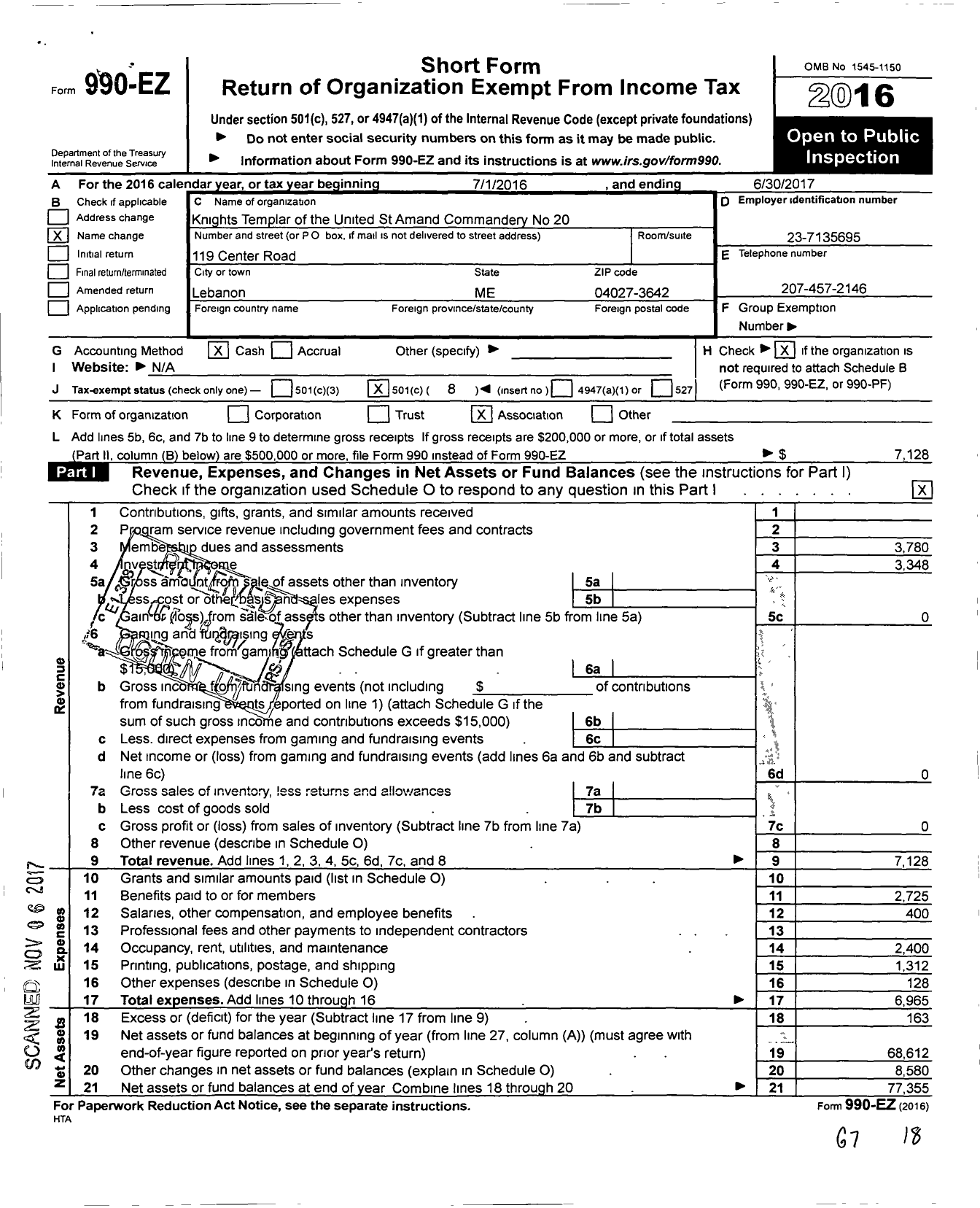 Image of first page of 2016 Form 990EO for Knights Templar - 20 St Amand Commandery