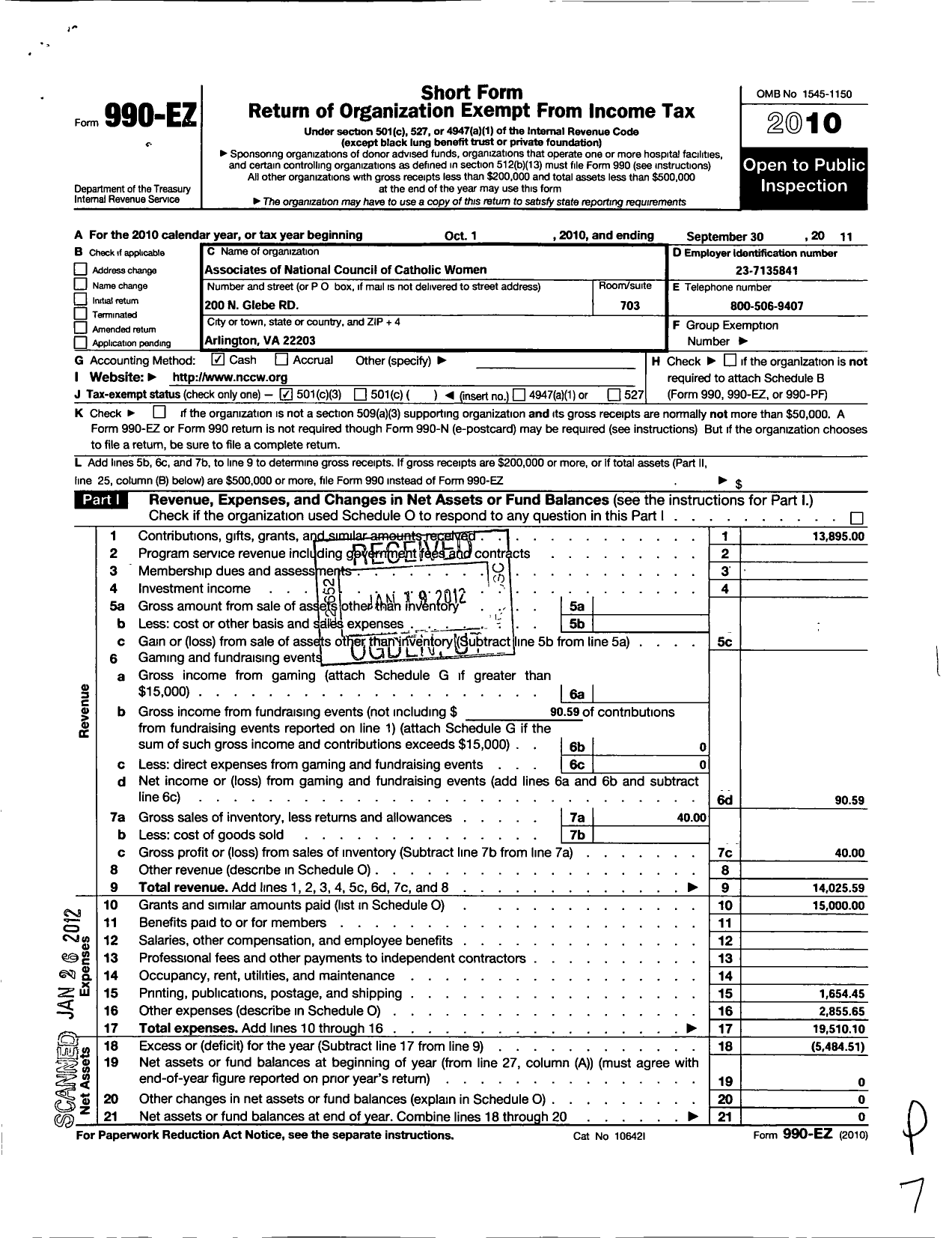 Image of first page of 2010 Form 990EZ for Associates of the National Council of Catholic Women