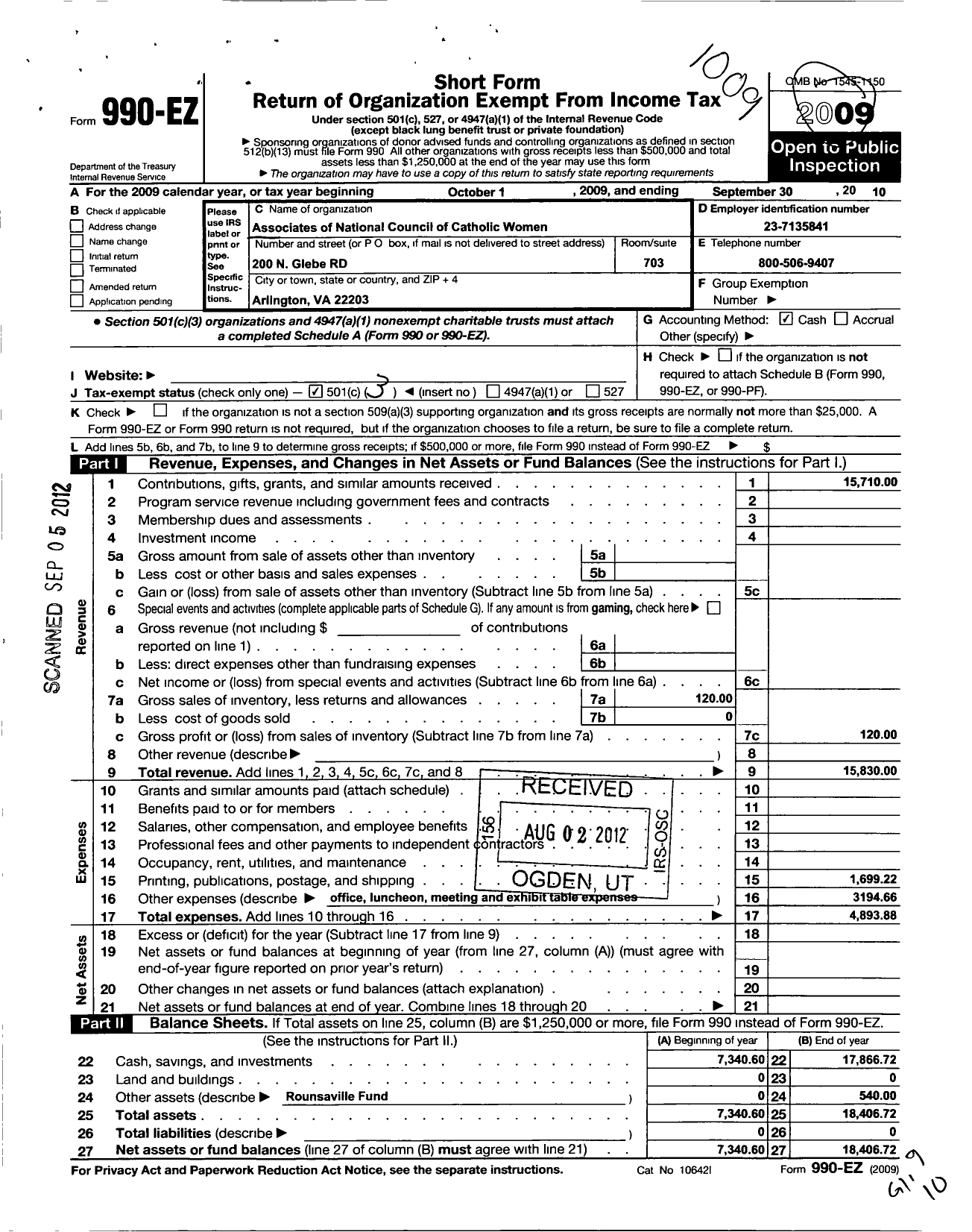 Image of first page of 2009 Form 990EZ for Associates of the National Council of Catholic Women