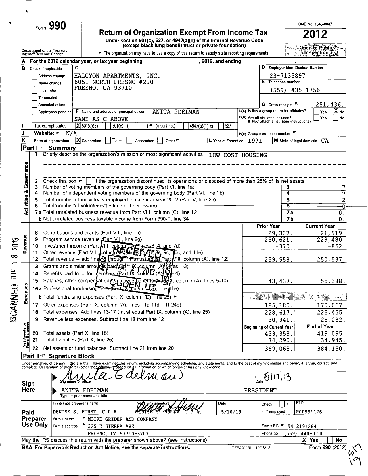Image of first page of 2012 Form 990 for Halcyon Apartments