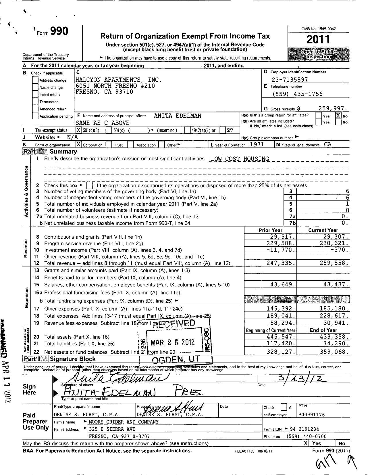Image of first page of 2011 Form 990 for Halcyon Apartments
