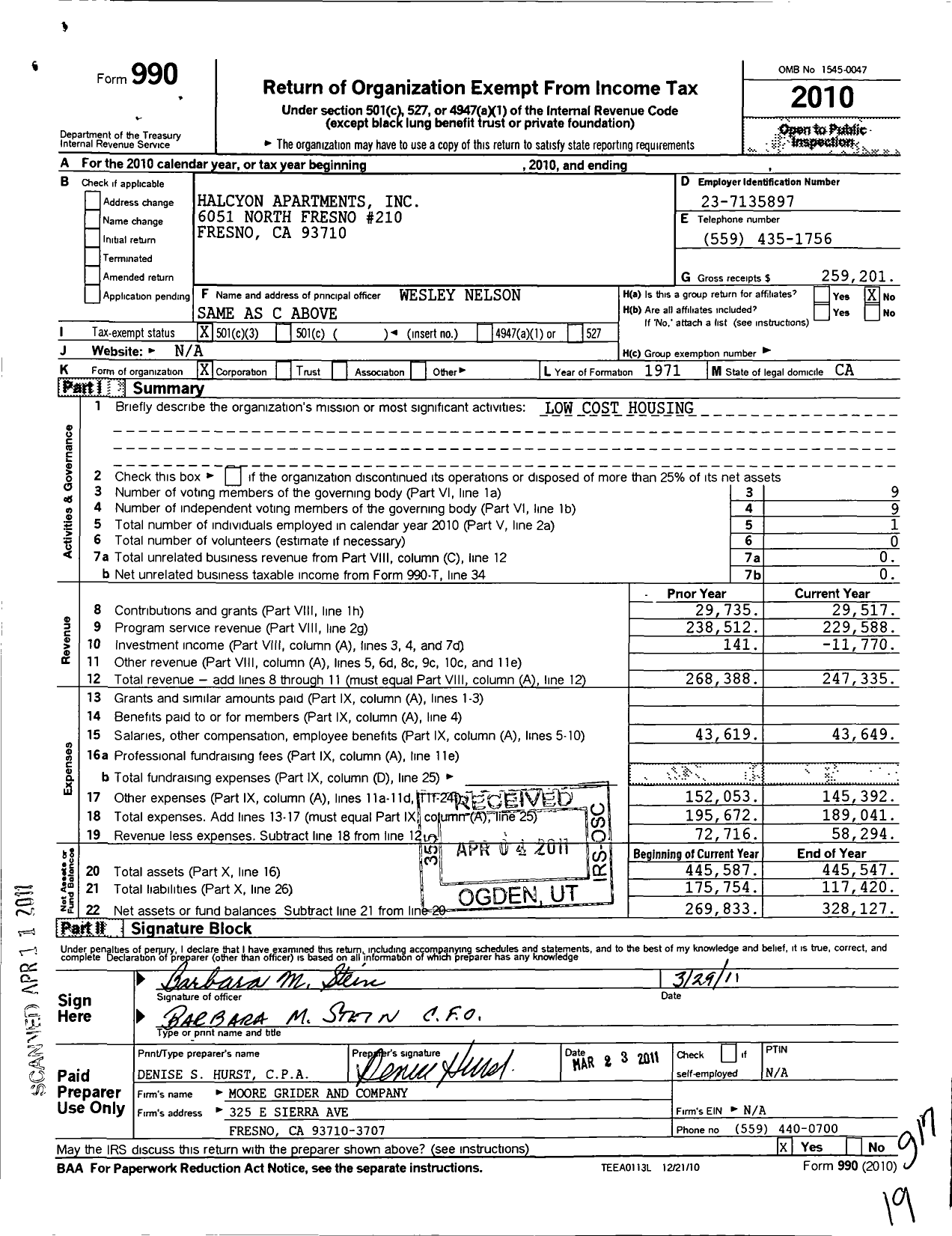 Image of first page of 2010 Form 990 for Halcyon Apartments