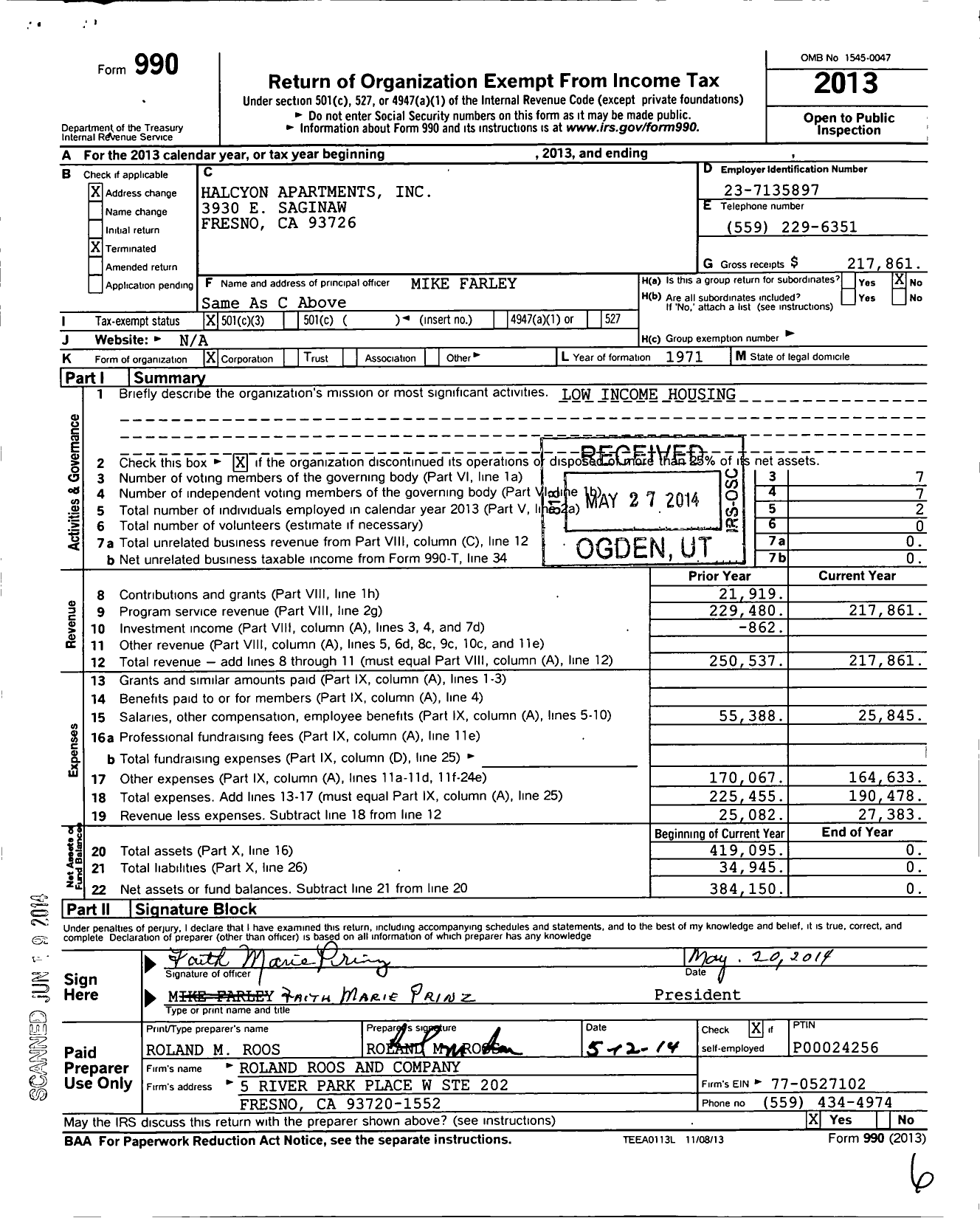 Image of first page of 2013 Form 990 for Halcyon Apartments