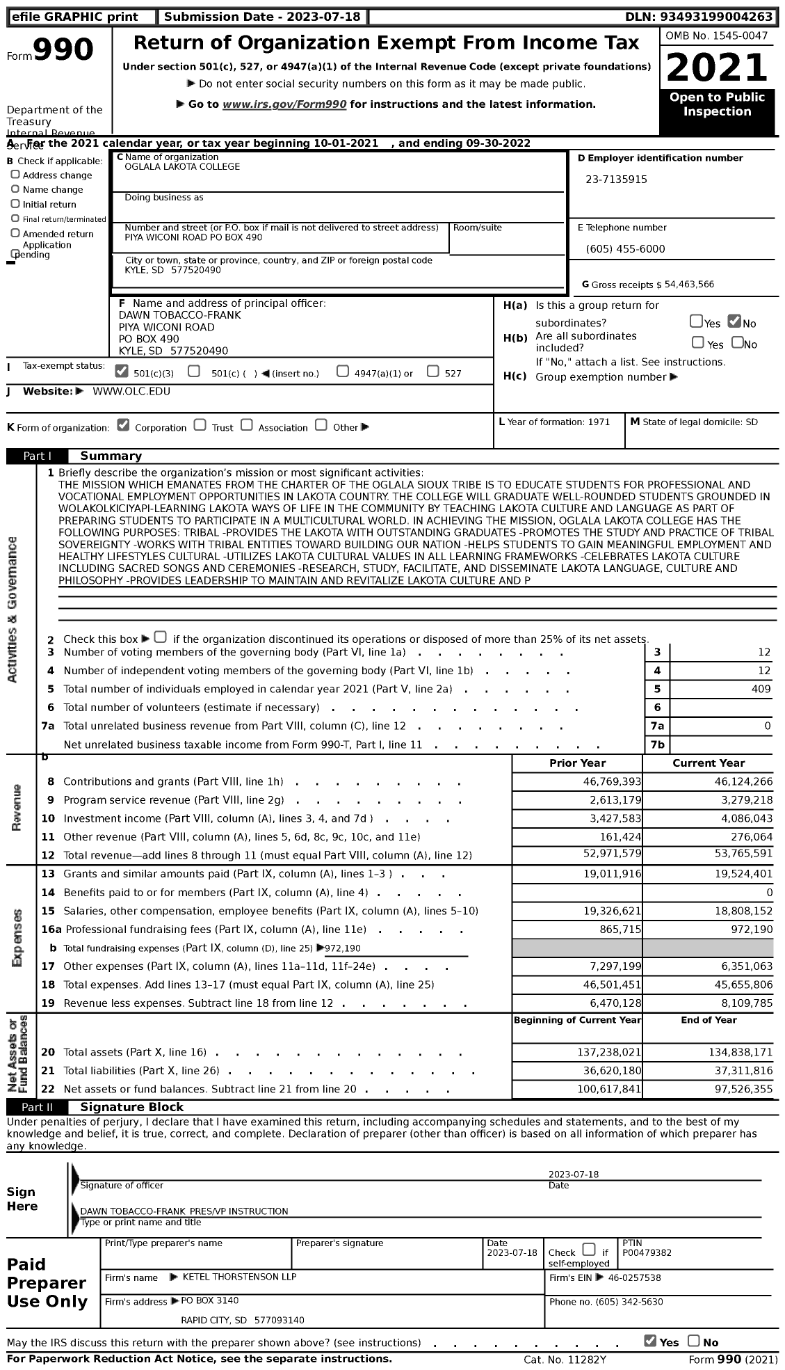 Image of first page of 2021 Form 990 for Oglala Lakota College