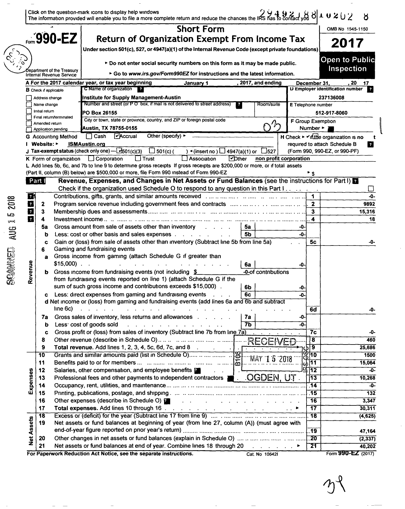Image of first page of 2017 Form 990EZ for Institute for Supply Management- Austin
