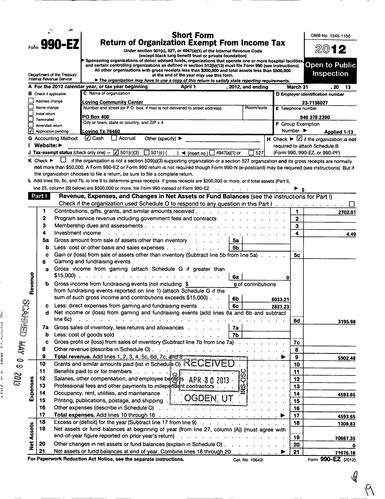 Image of first page of 2012 Form 990EZ for Loving Community Center