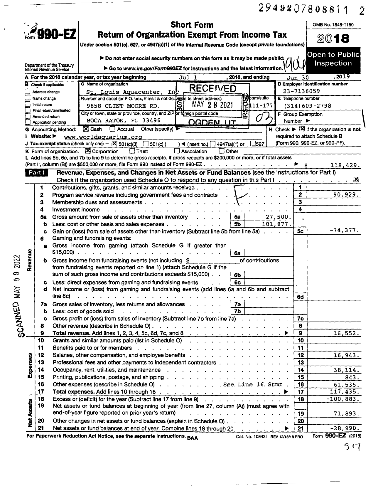 Image of first page of 2018 Form 990EZ for St Louis Aquacenter