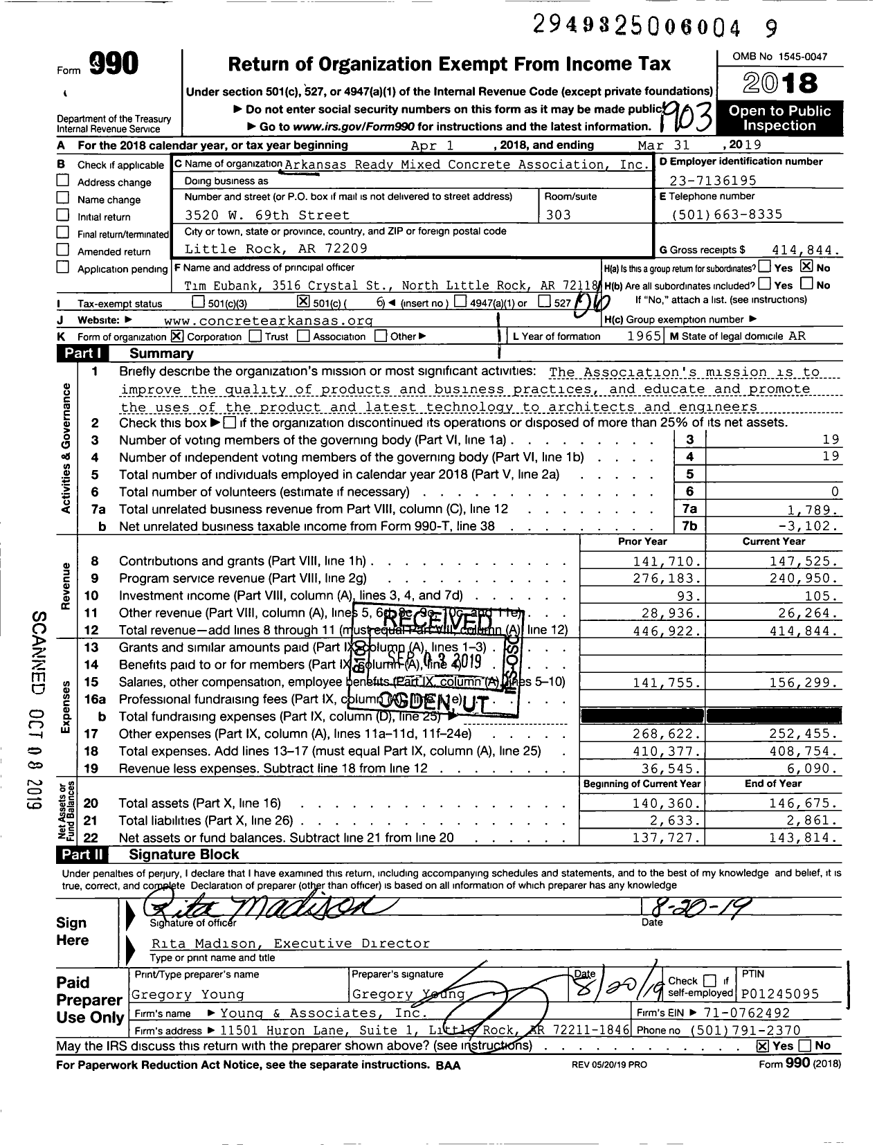 Image of first page of 2018 Form 990O for Arkansas Ready Mixed Concrete Association