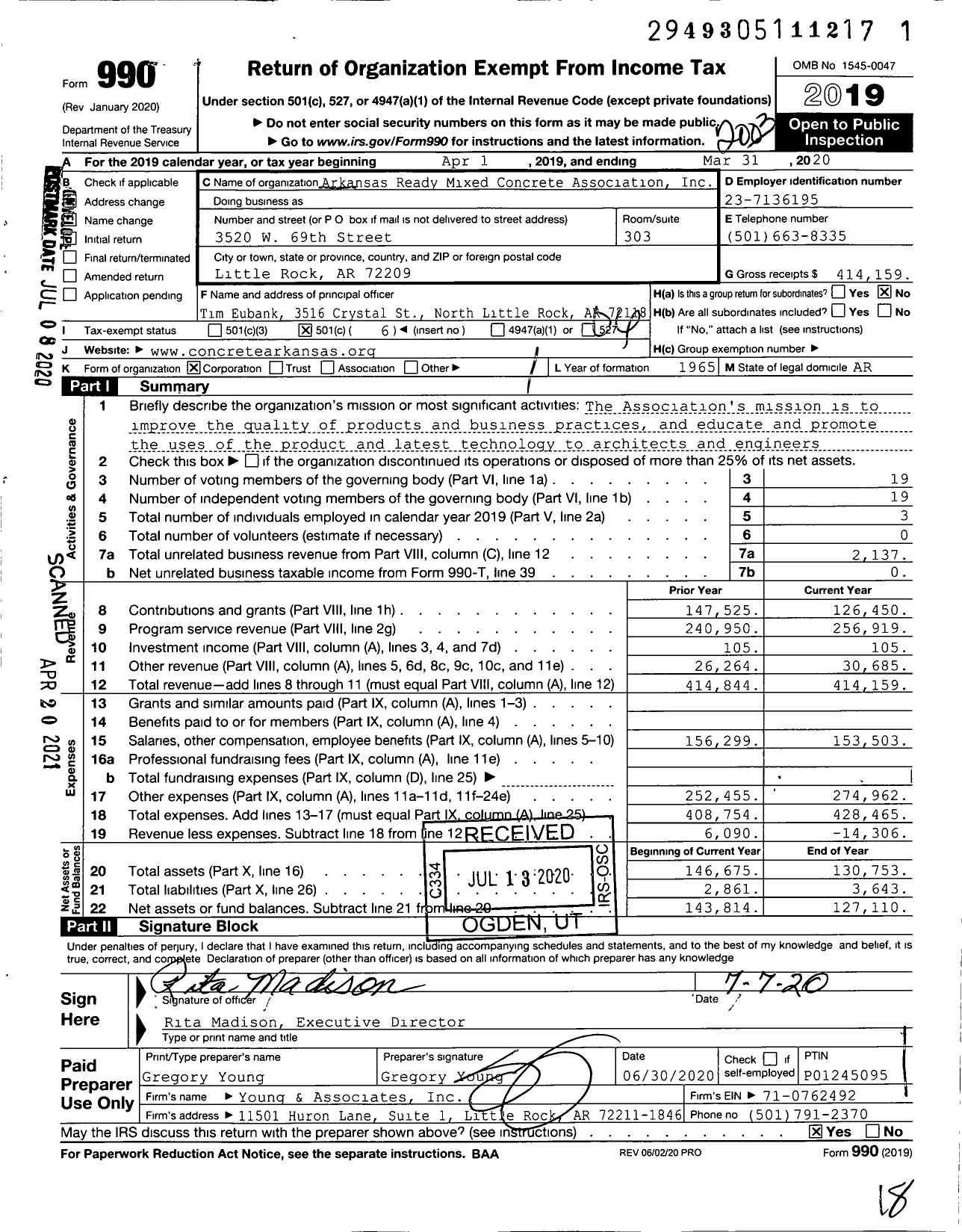 Image of first page of 2019 Form 990O for Arkansas Ready Mixed Concrete Association